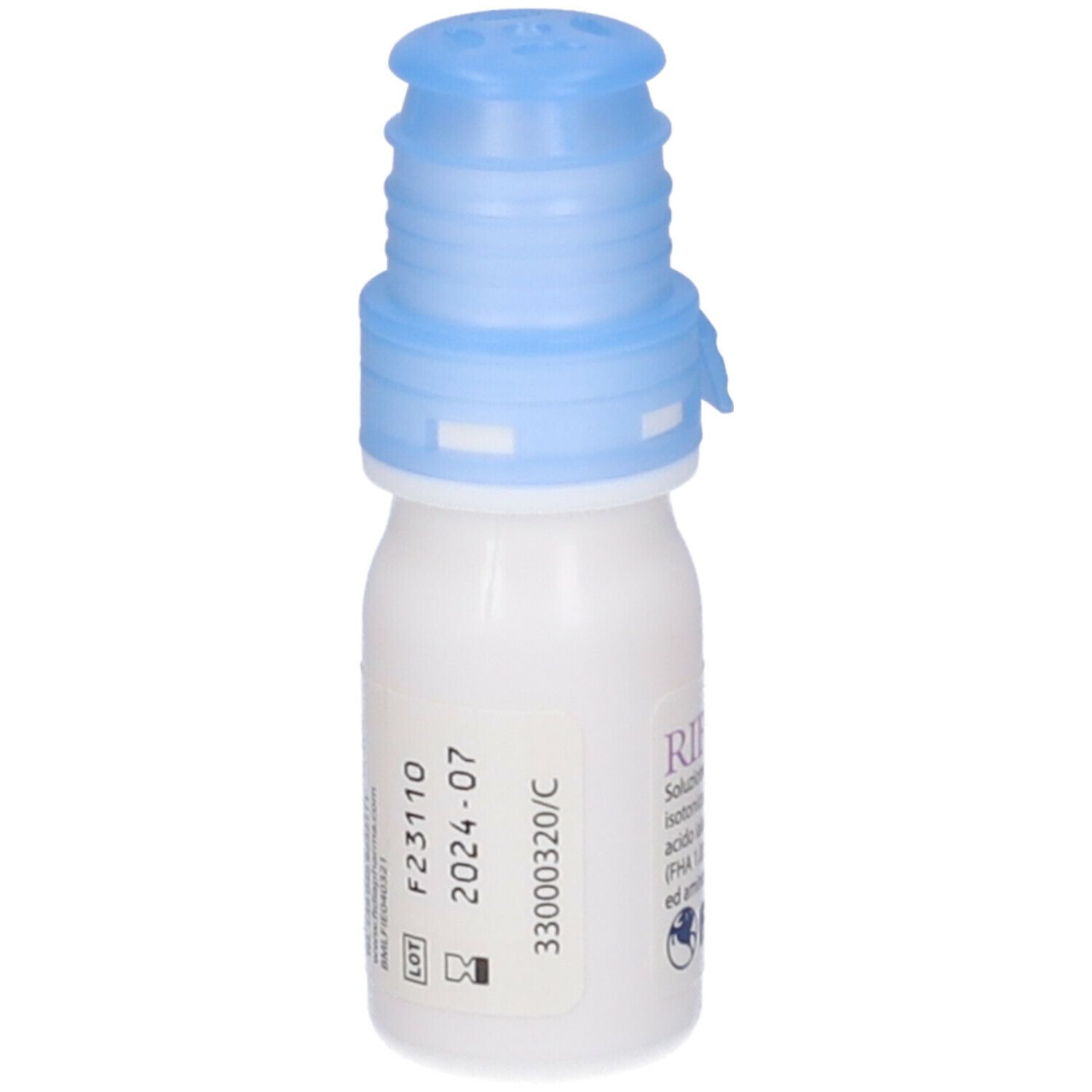 Flacone di collirio con tappo blu. Scritta: Ribolisin free. Contiene acido ialuronico, vitamina B2 e aminoacidi. Marchio: Fidia. Scadenza 2024-07.