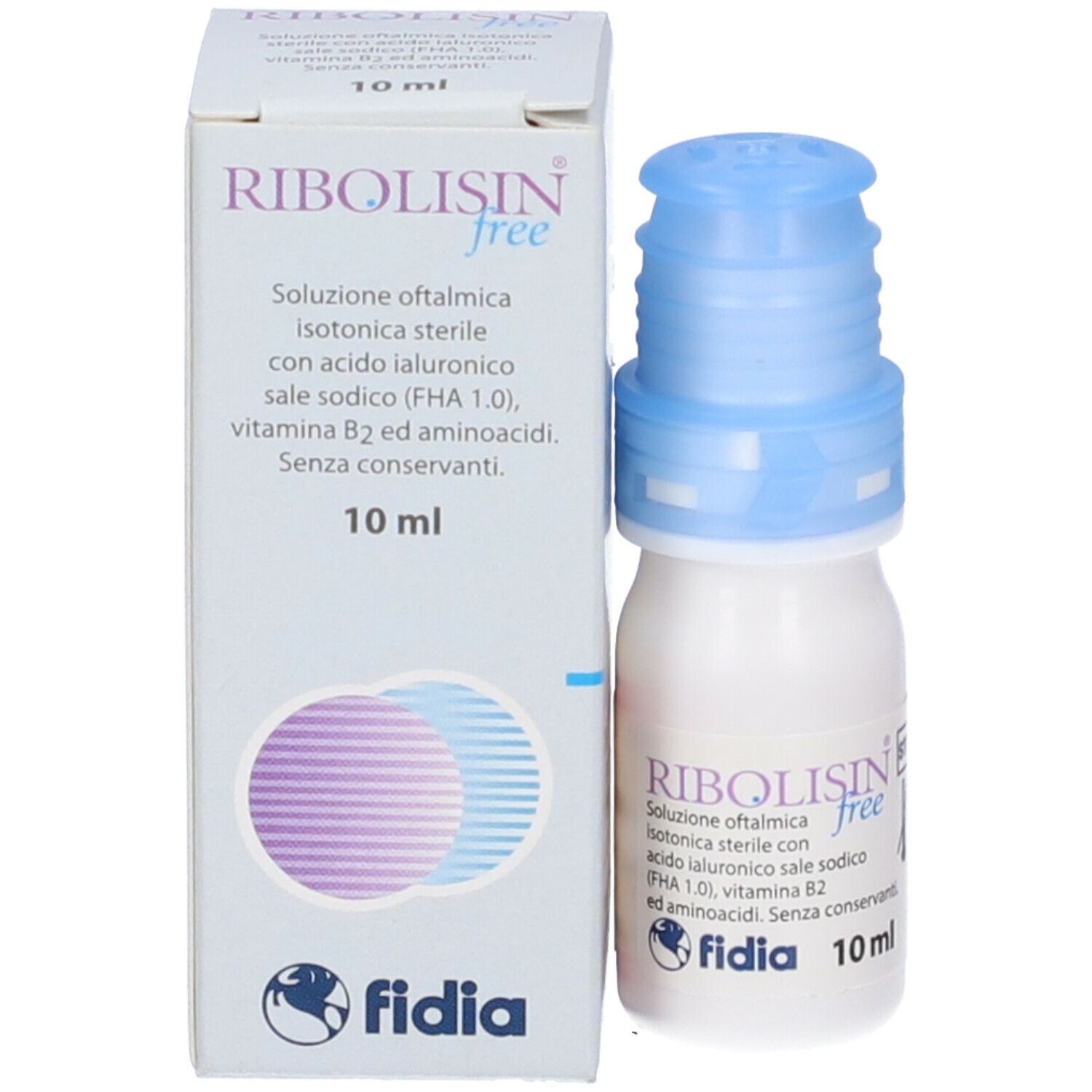 Flacone di collirio e confezione. Scritta: Ribolisin free, 10 ml. Contiene acido ialuronico, vitamina B2 e aminoacidi. Marchio: Fidia.