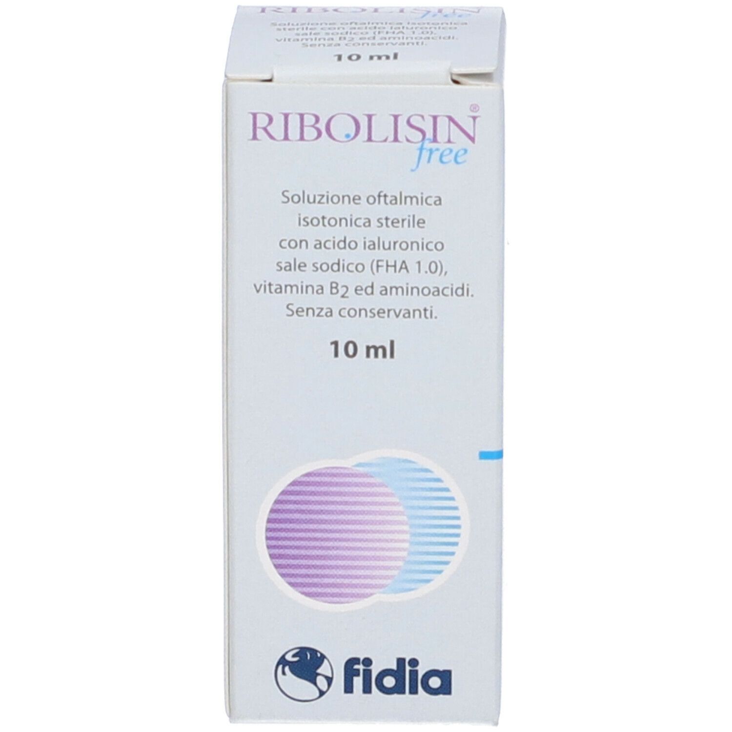 Confezione di collirio. Scritta: Ribolisin free, 10 ml. Contiene acido ialuronico, vitamina B2 e aminoacidi. Marchio: Fidia. Con cerchi viola.
