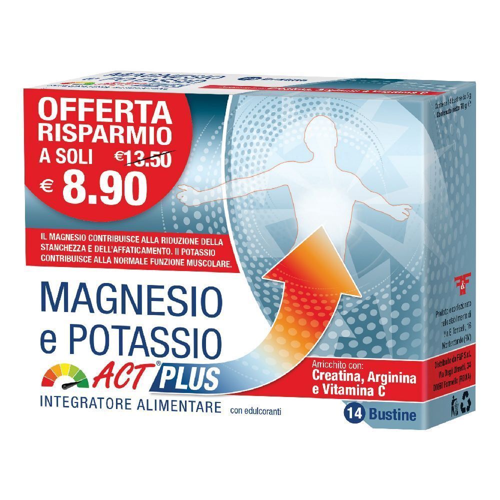 Confezione di "Magnesio e Potassio Act Plus" con 14 bustine. Scritta "Offerta Risparmio" e prezzo. Contiene creatina, arginina e vitamina C.