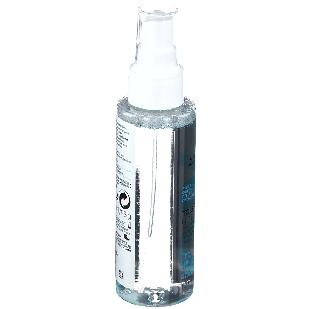 Flacone spray trasparente con erogatore bianco. Retro con testo e codice a barre. Testo: ingredienti, informazioni produttore, simbolo riciclo.