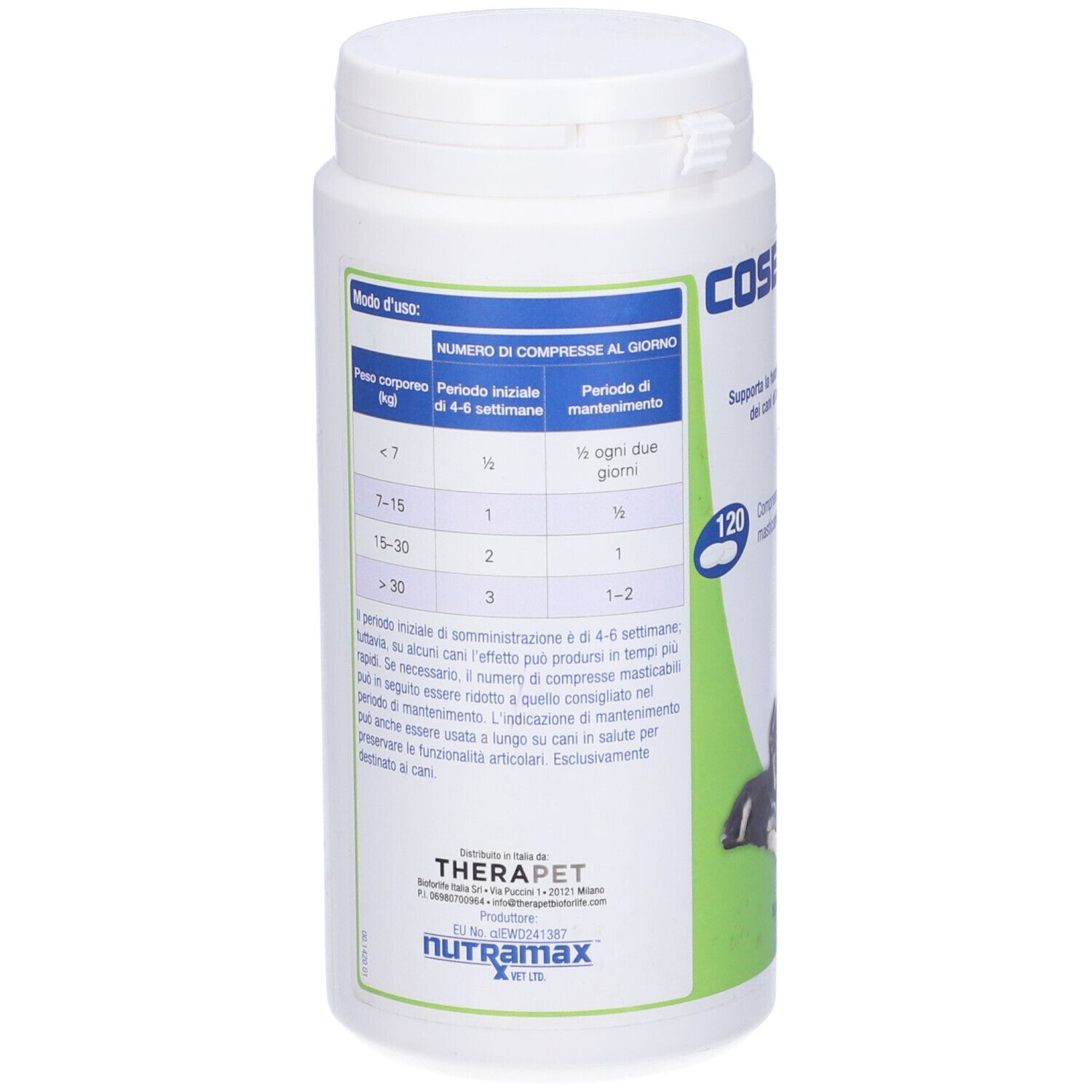 Retro del flacone bianco. Tabella con istruzioni per il dosaggio. Marchio: Nutramax.