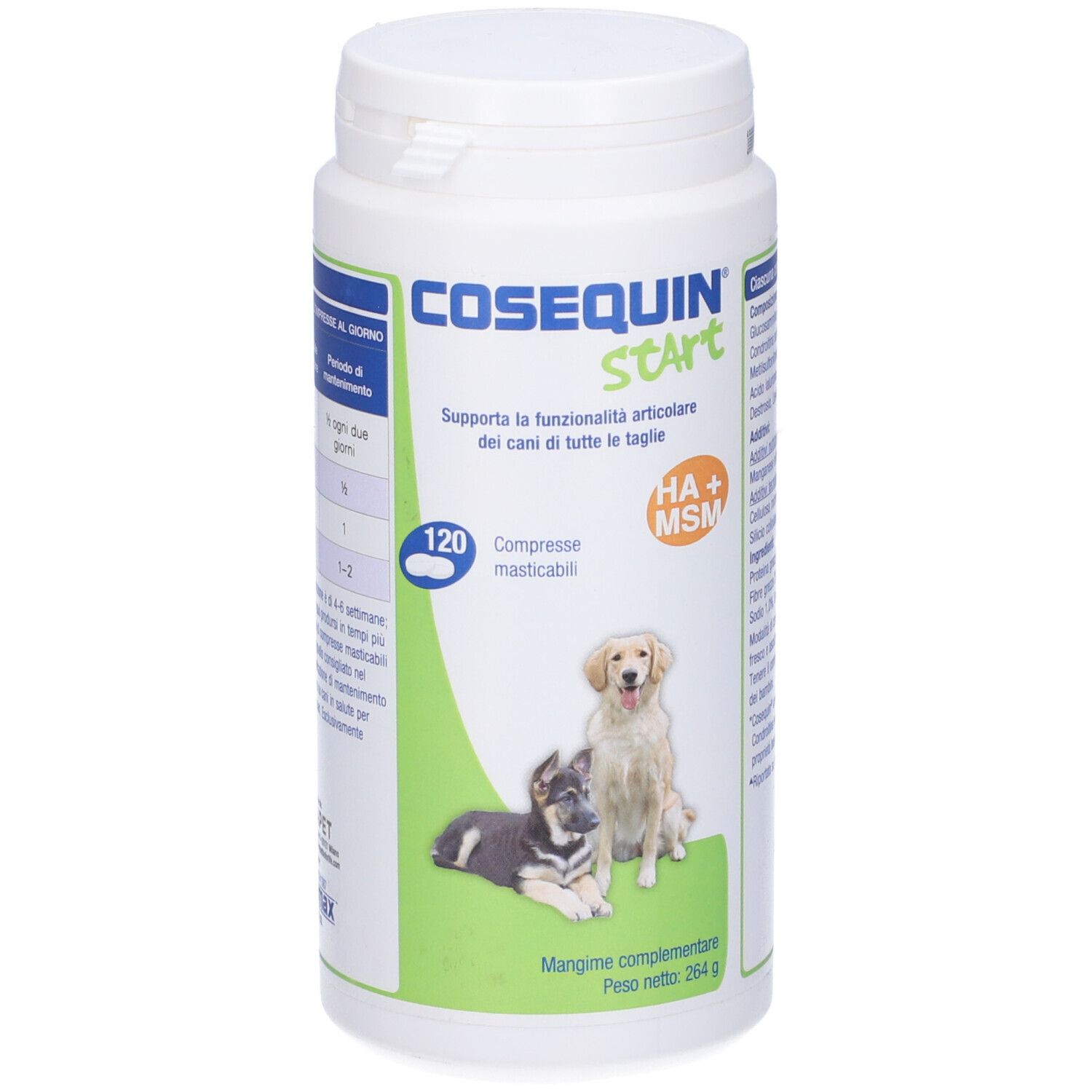 Flacone bianco Cosequin Start, 120 compresse. Immagine di due cani.