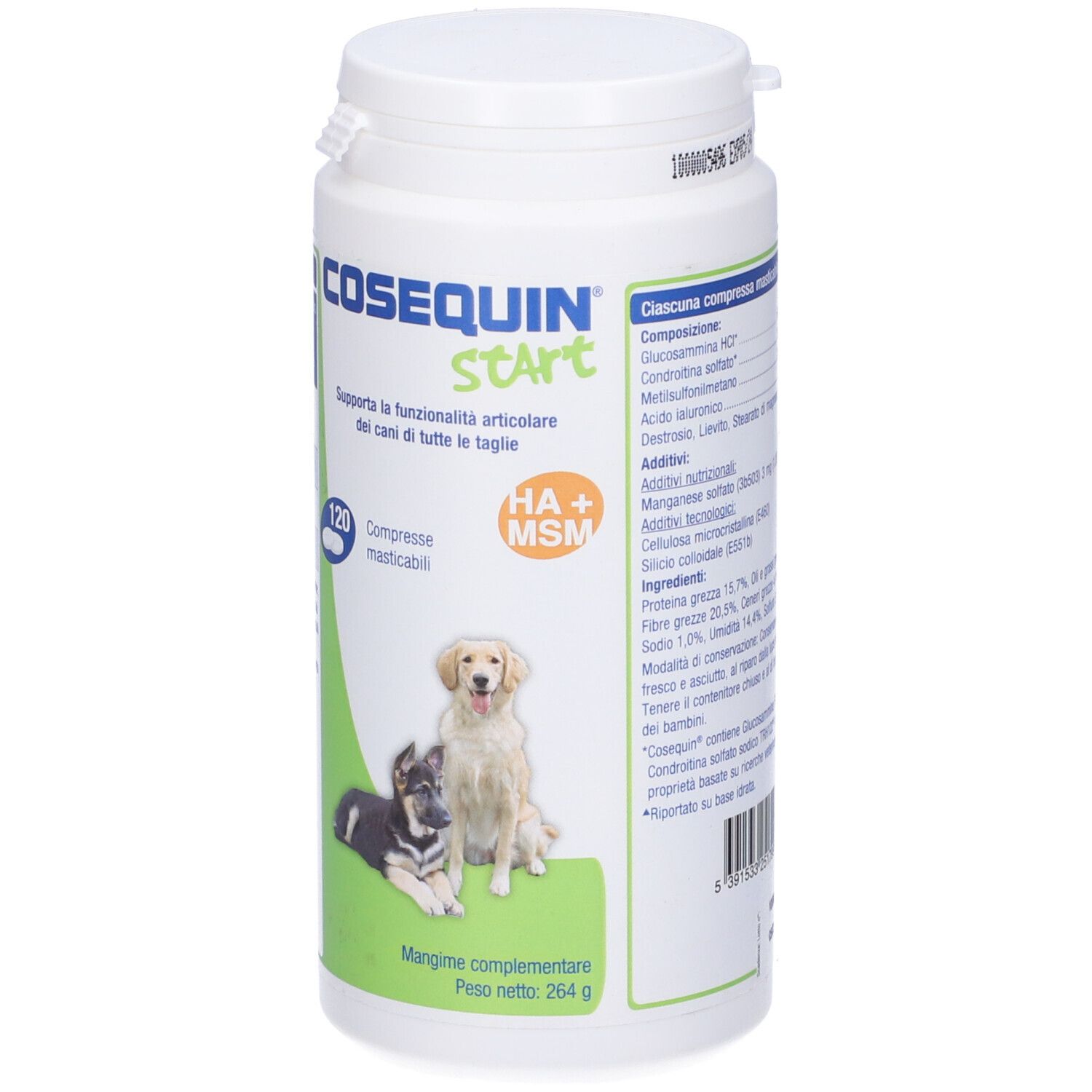 Flacone bianco Cosequin Start, 120 compresse. Immagine di due cani. Ingredienti.