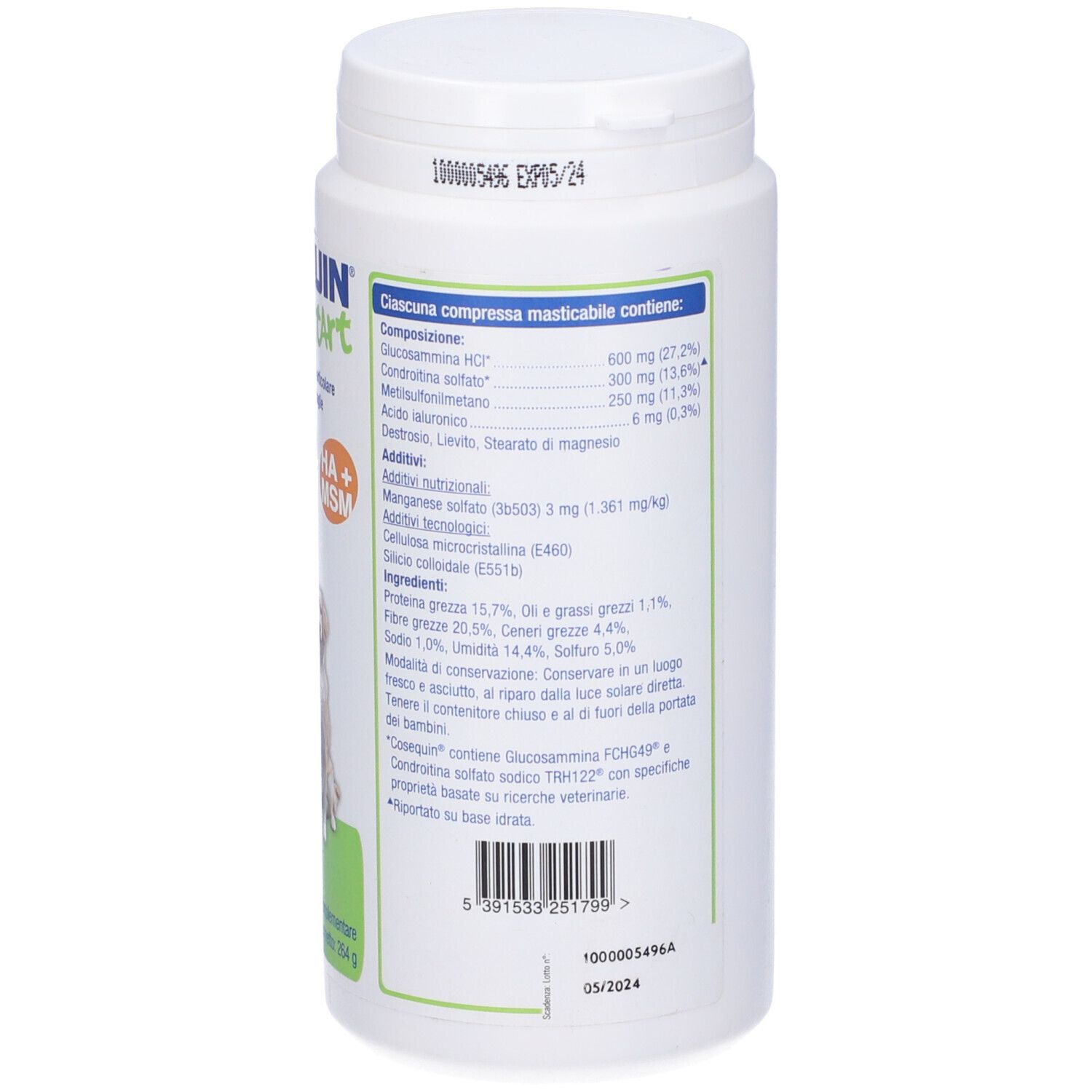Retro del flacone bianco. Ingredienti e informazioni nutrizionali. Marchio: Nutramax.