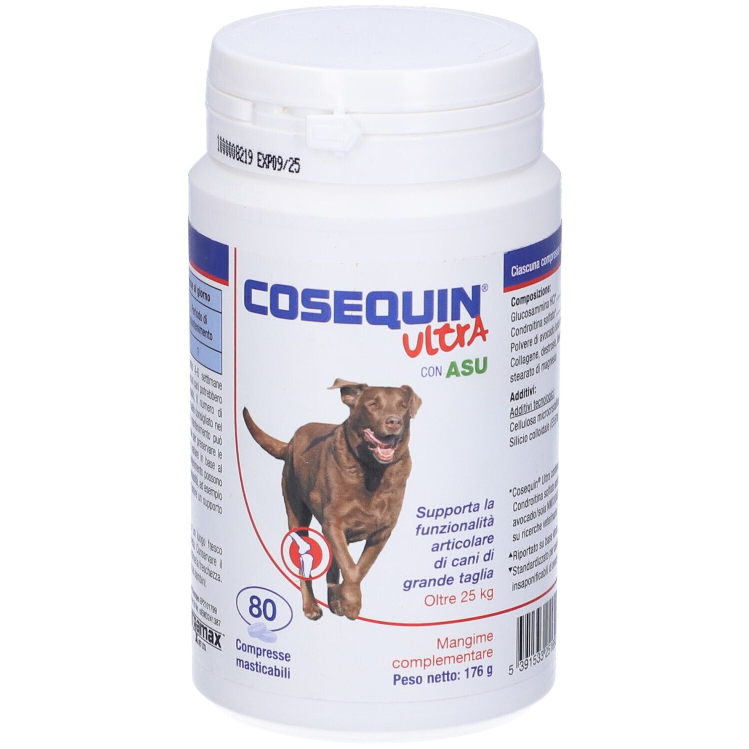 Flacone bianco Cosequin Ultra con immagine di cane. Contiene 80 compresse. Testo in italiano.