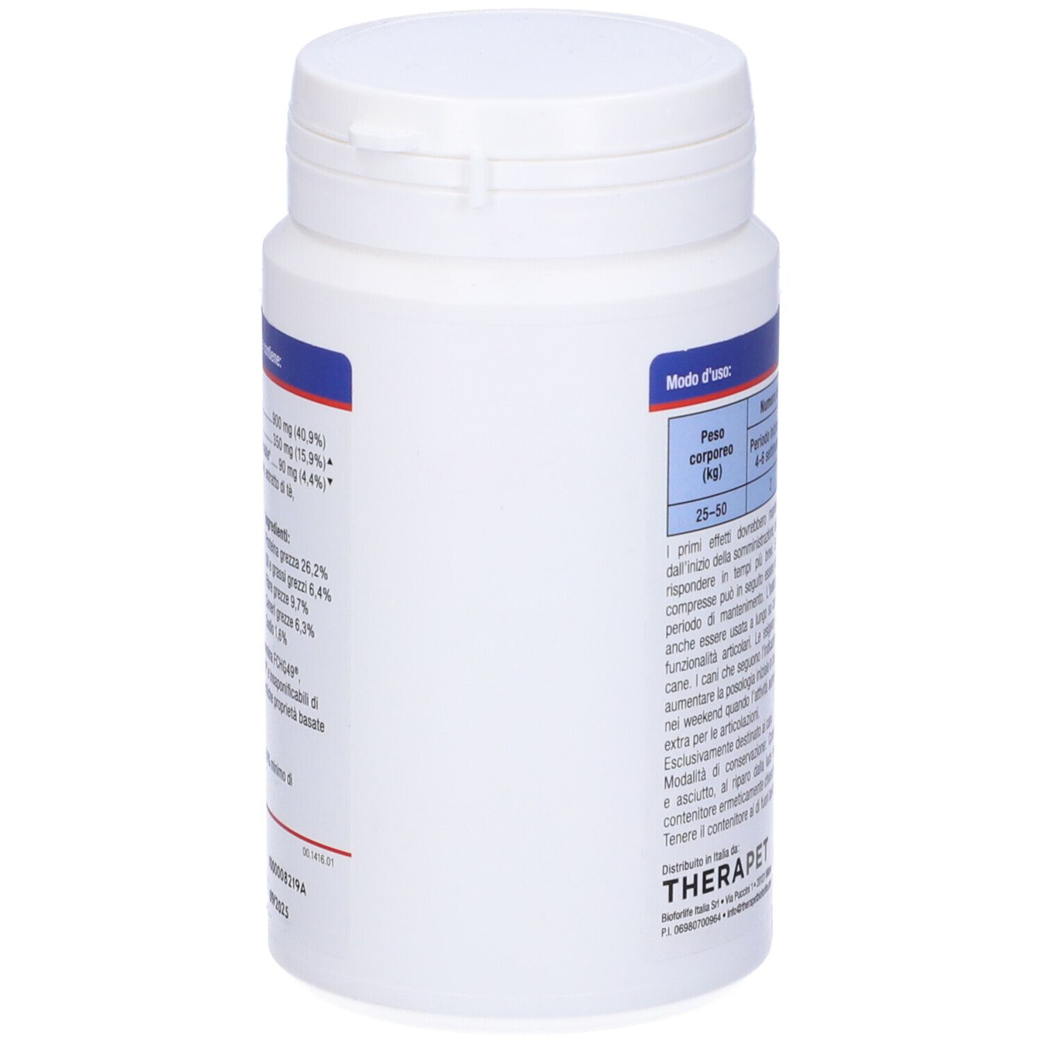 Flacone bianco con testo e informazioni sugli ingredienti. Testo in italiano.