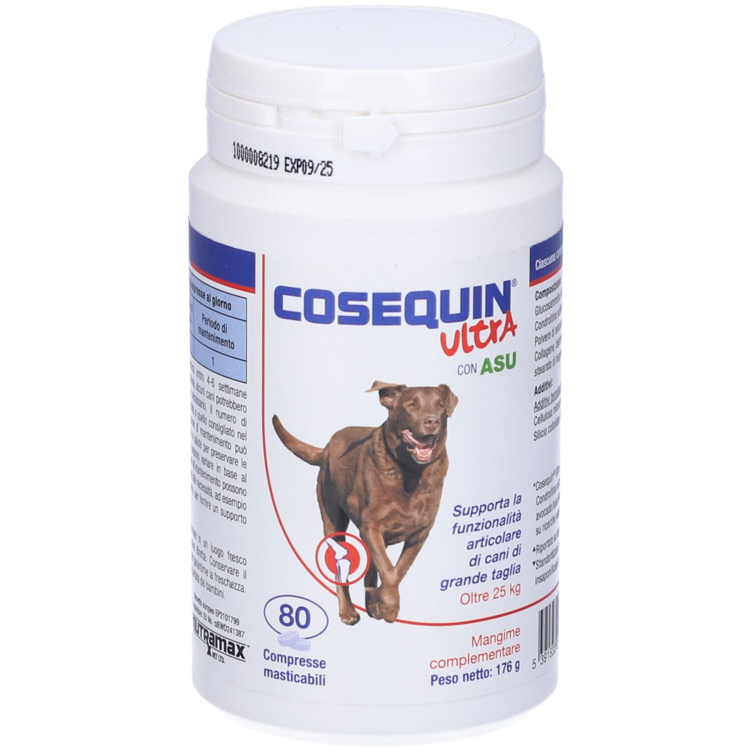 Flacone bianco Cosequin Ultra con immagine di cane. Contiene 80 compresse. Testo in italiano.