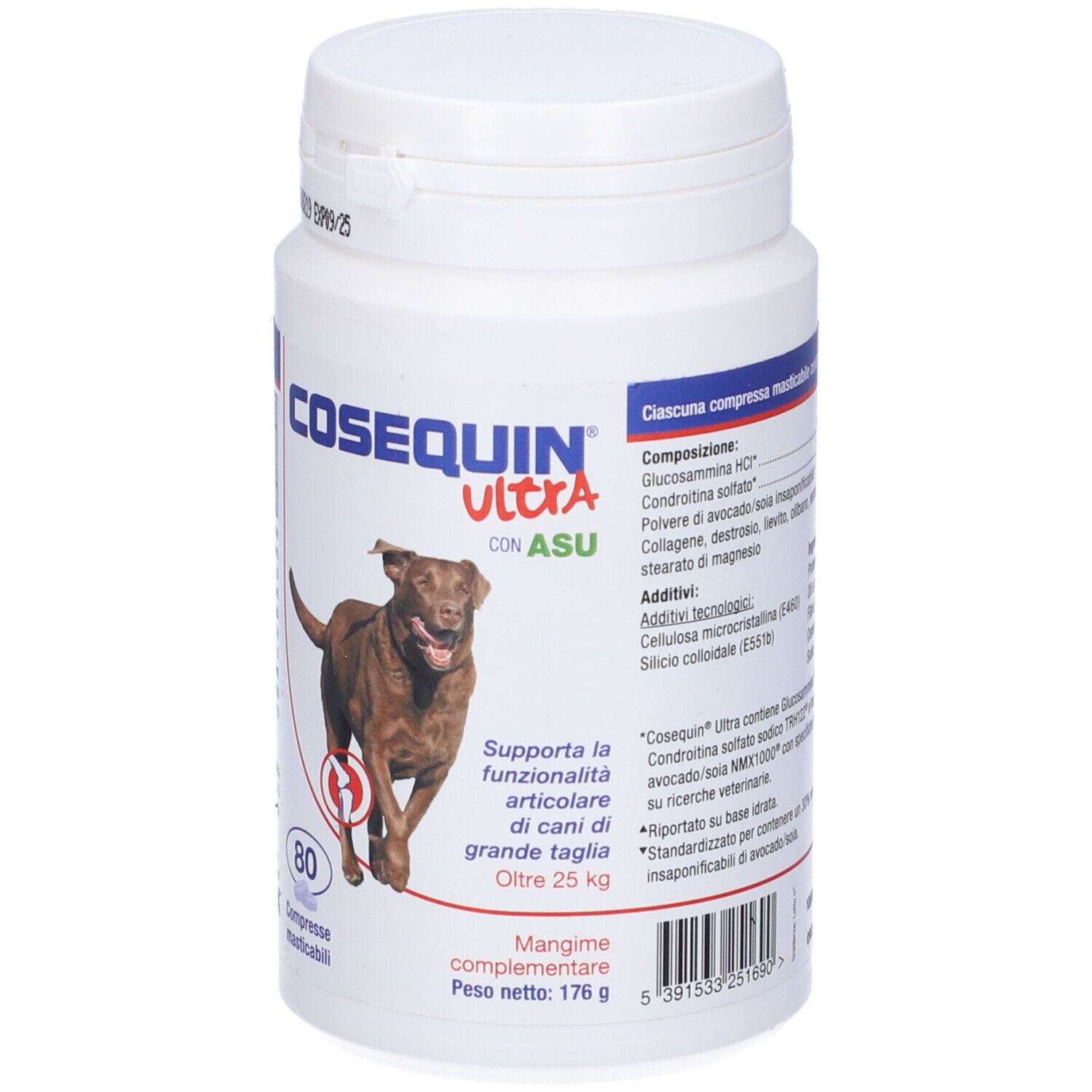 Flacone bianco Cosequin Ultra con cane e articolazione. 80 compresse. Ingredienti a destra.