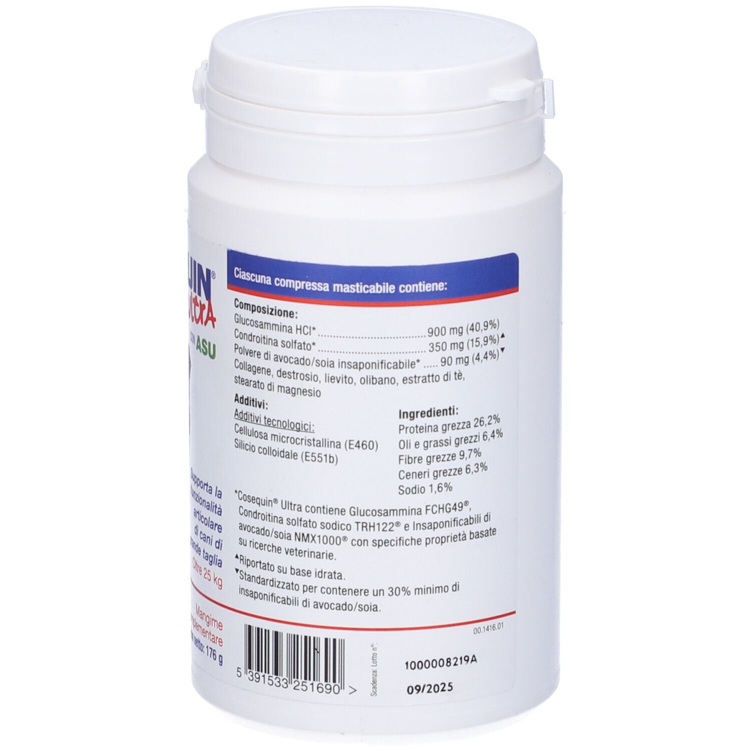 Flacone bianco Cosequin Ultra. Ingredienti e composizione. Testo in italiano.