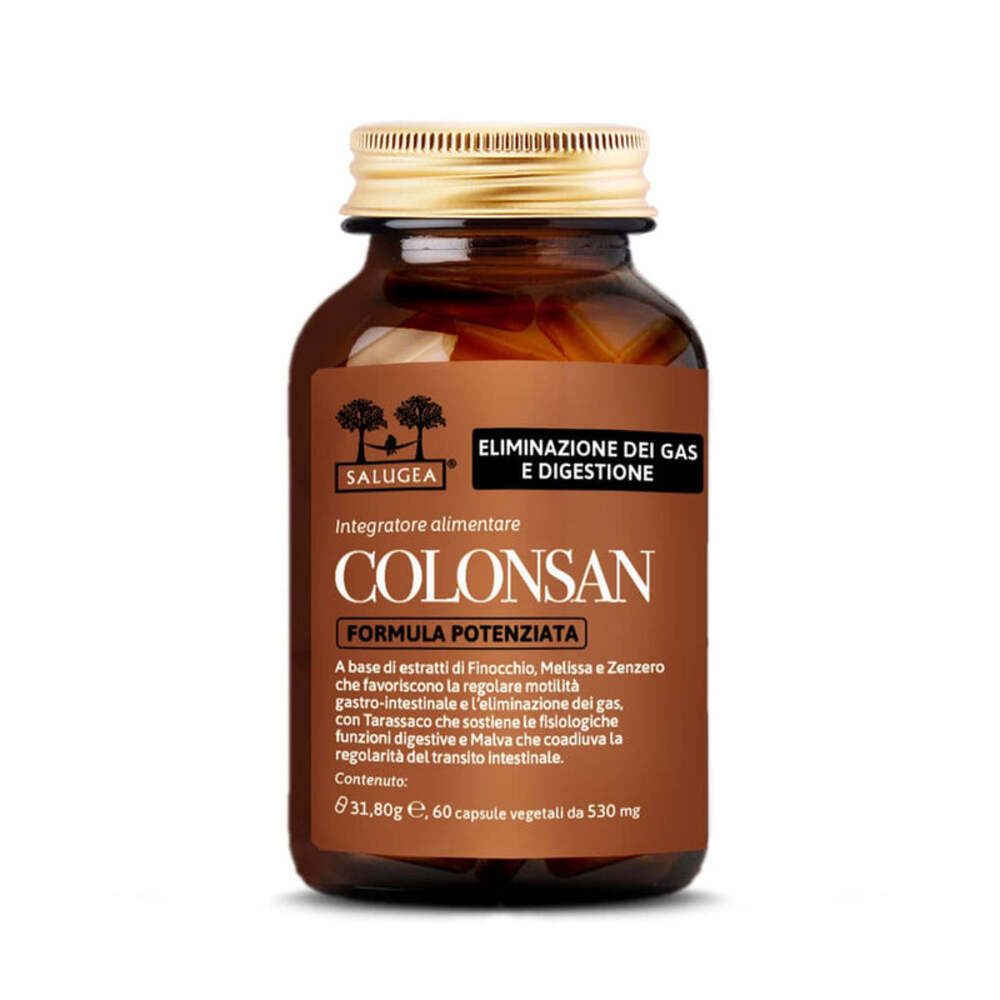 Flacone di vetro marrone con capsule. Scritta: Colonsan Formula Potenziata. Etichetta con informazioni sul prodotto.