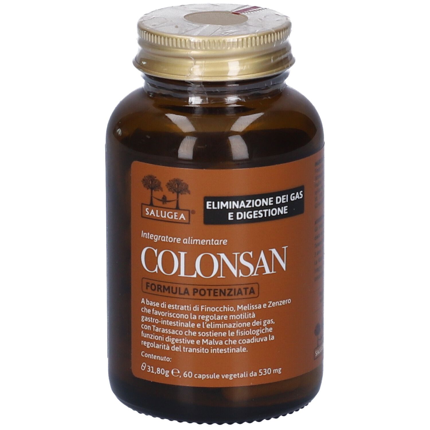 Flacone di vetro marrone con capsule. Scritta: Colonsan Formula Potenziata. Etichetta con informazioni sul prodotto.