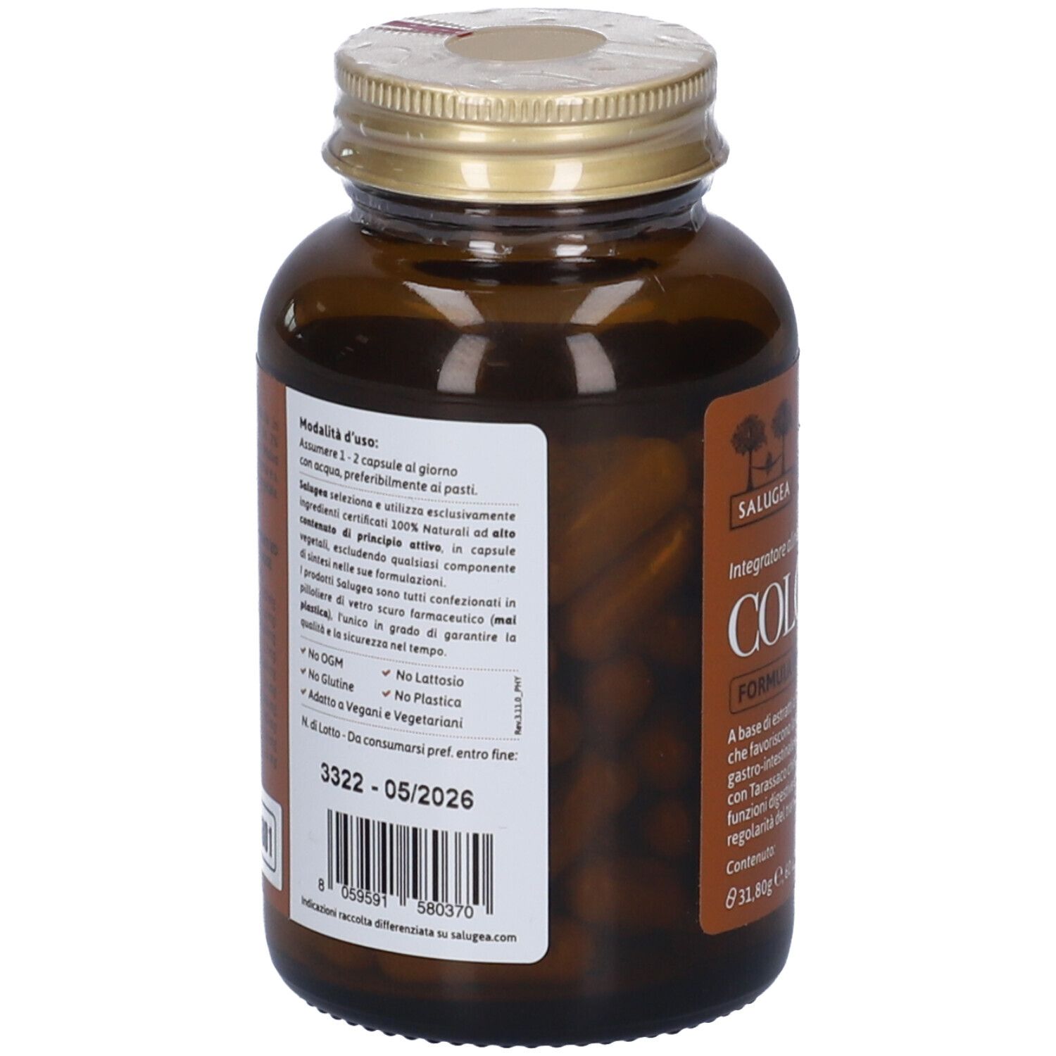 Retro del flacone di capsule. Testo: Colonsan Formula Potenziata. Istruzioni per l'uso, data di scadenza.