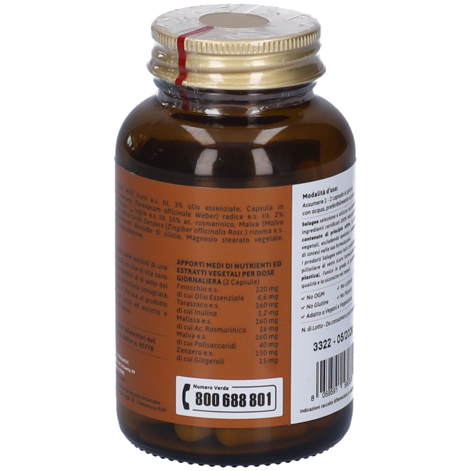 Retro del flacone di capsule. Testo: Colonsan Formula Potenziata. Ingredienti, dosaggio, contatti.