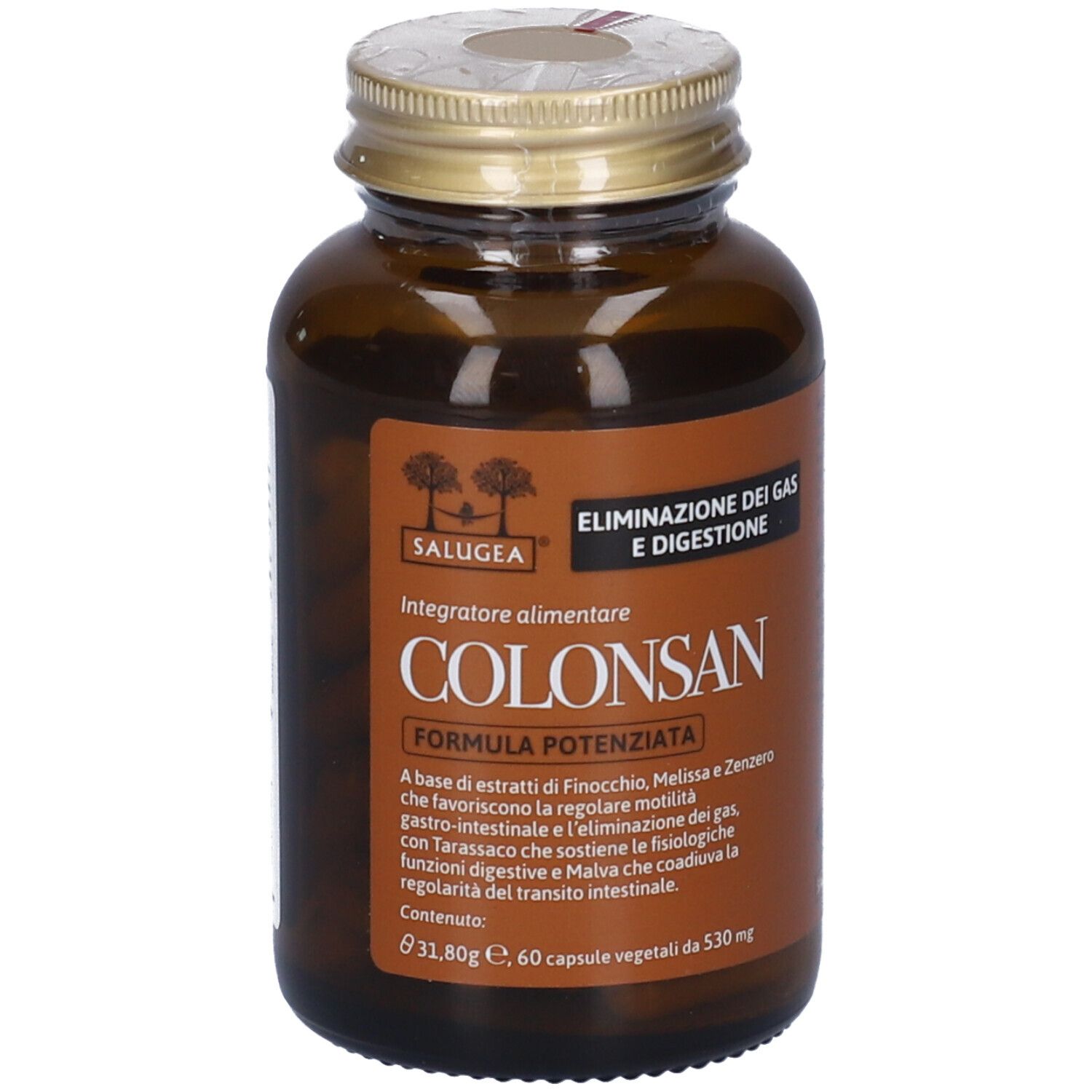Flacone di vetro marrone con capsule. Scritta: Colonsan Formula Potenziata. Etichetta con informazioni sul prodotto.