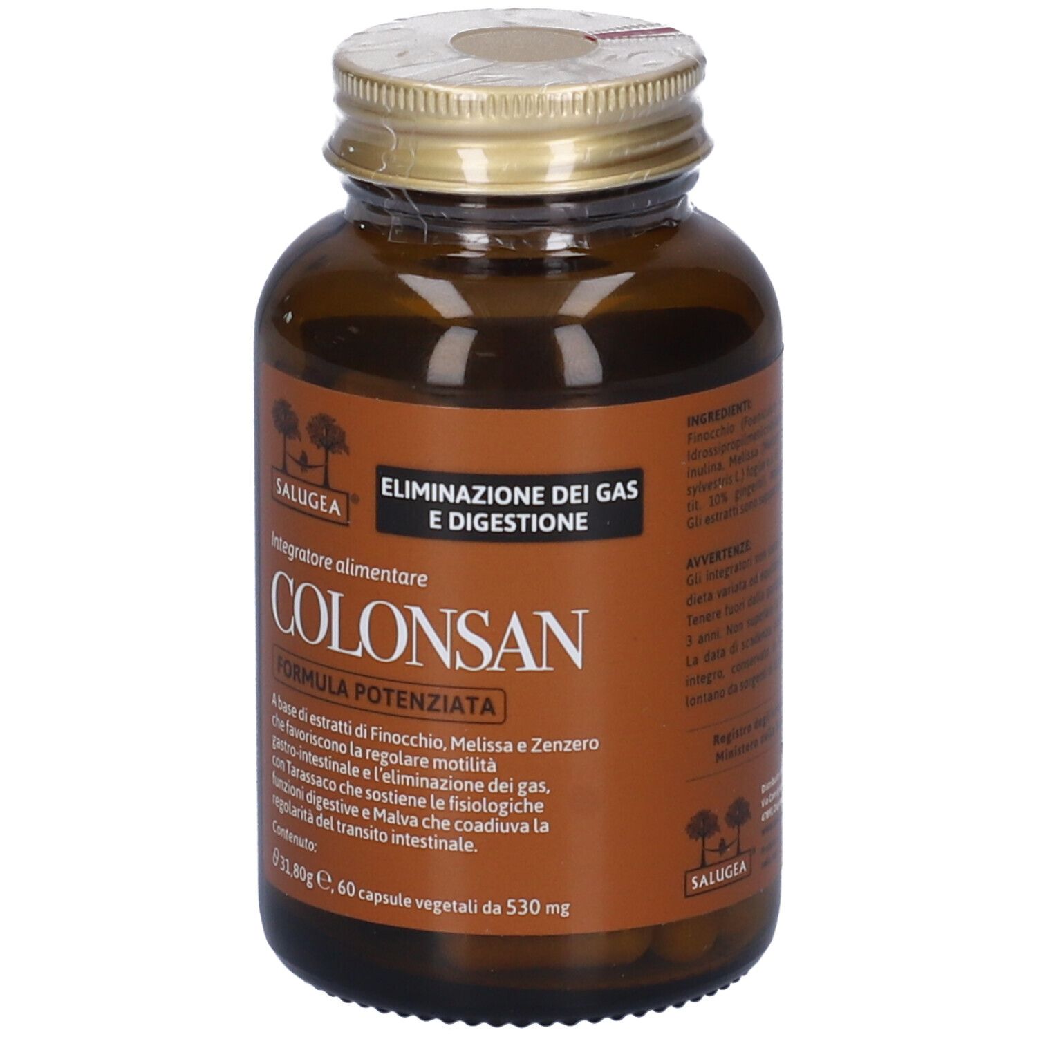 Retro del flacone di capsule. Testo: Colonsan Formula Potenziata. Ingredienti, istruzioni per l'uso, avvertenze.