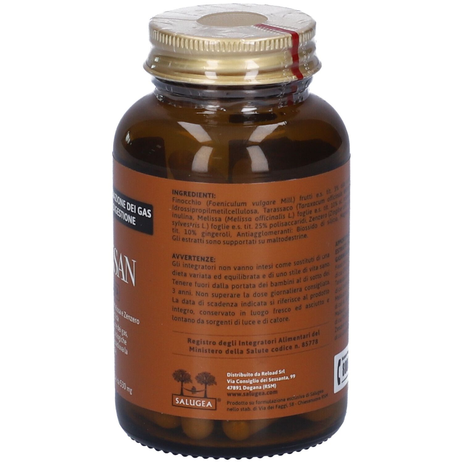 Retro del flacone di capsule. Testo: Colonsan Formula Potenziata. Ingredienti, istruzioni per l'uso, avvertenze.