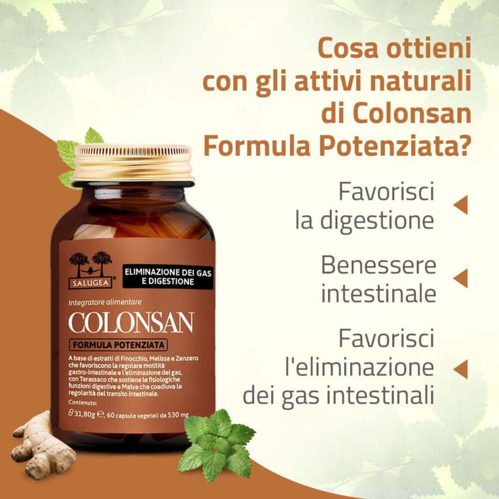 Flacone marrone con capsule. Testo: Colonsan Formula Potenziata. Benefici: digestione, benessere intestinale, eliminazione gas.