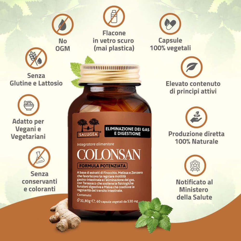 Flacone marrone con capsule. Testo: Colonsan Formula Potenziata. Caratteristiche: Senza OGM, glutine, lattosio, conservanti.