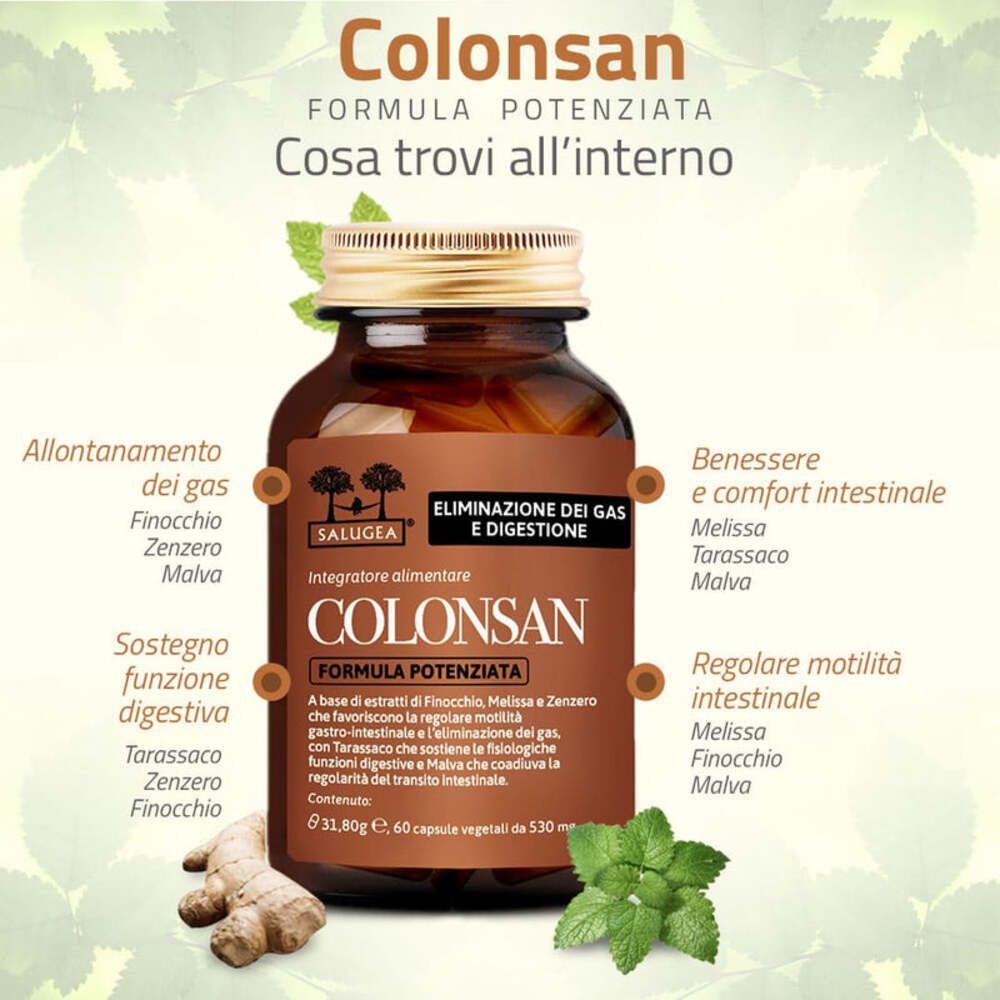 Flacone marrone con capsule. Testo: Colonsan Formula Potenziata. Ingredienti: Finocchio, Melissa, Zenzero, Malva.