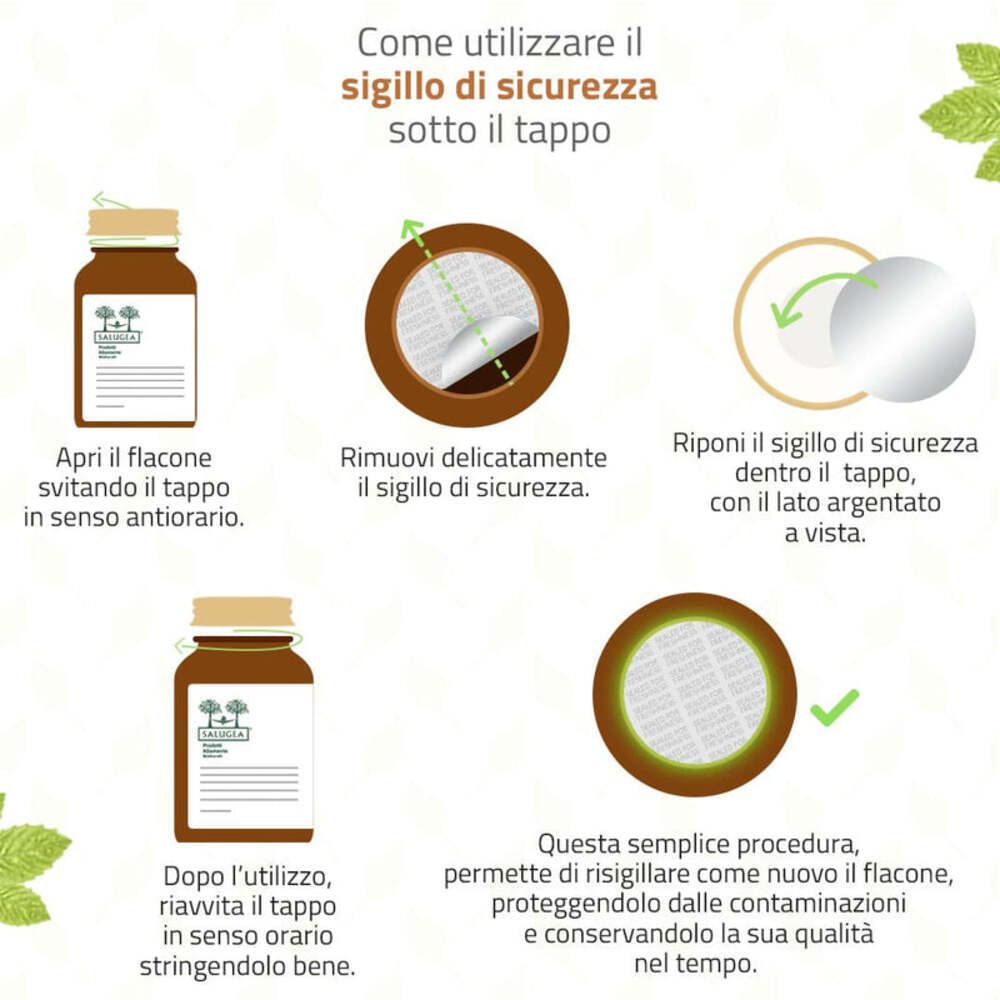 Istruzioni per l'uso del sigillo di sicurezza sotto il tappo del flacone di capsule.
