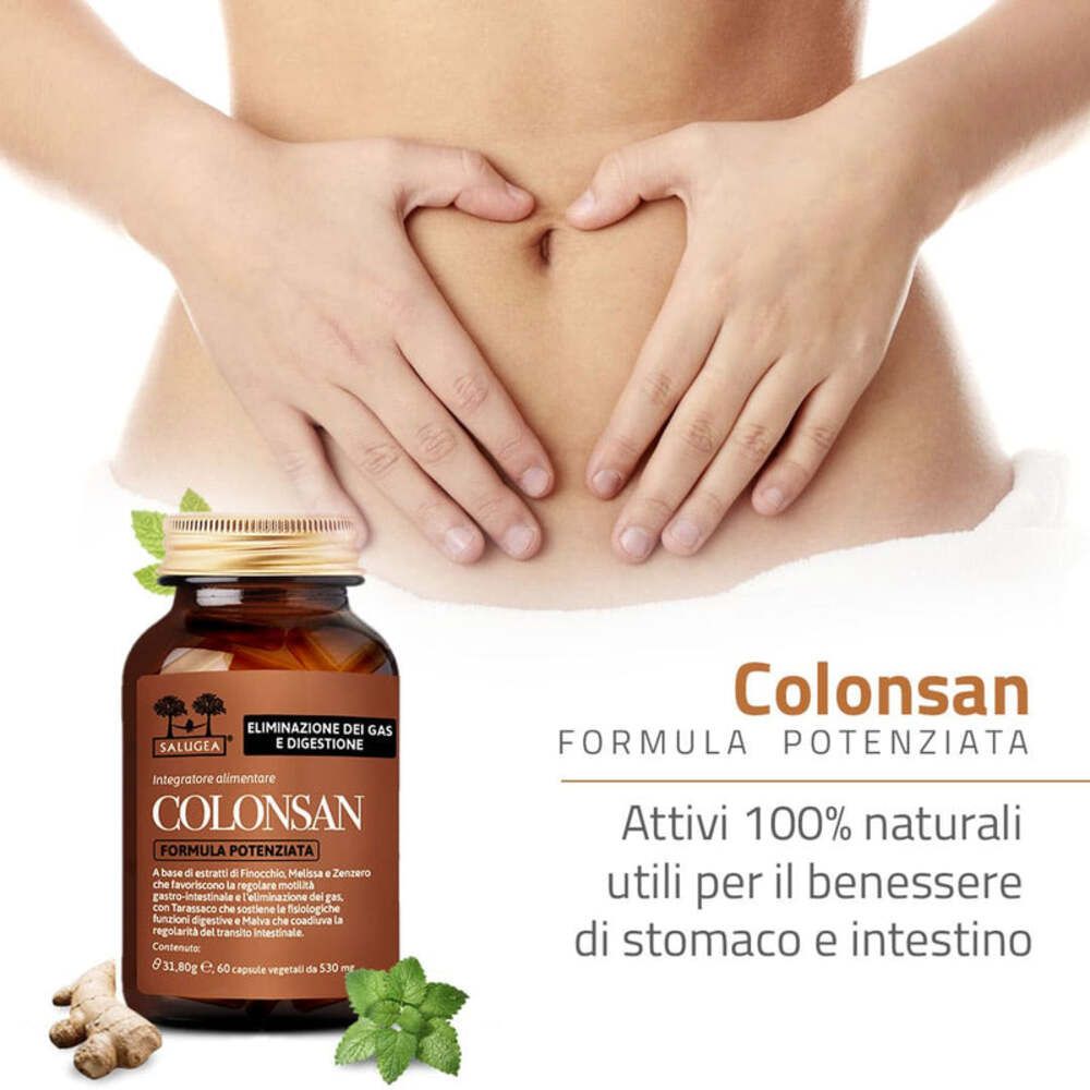 Donna tiene le mani sulla pancia. Accanto, flacone di capsule. Testo: Colonsan Formula Potenziata. Per benessere stomaco-intestino.