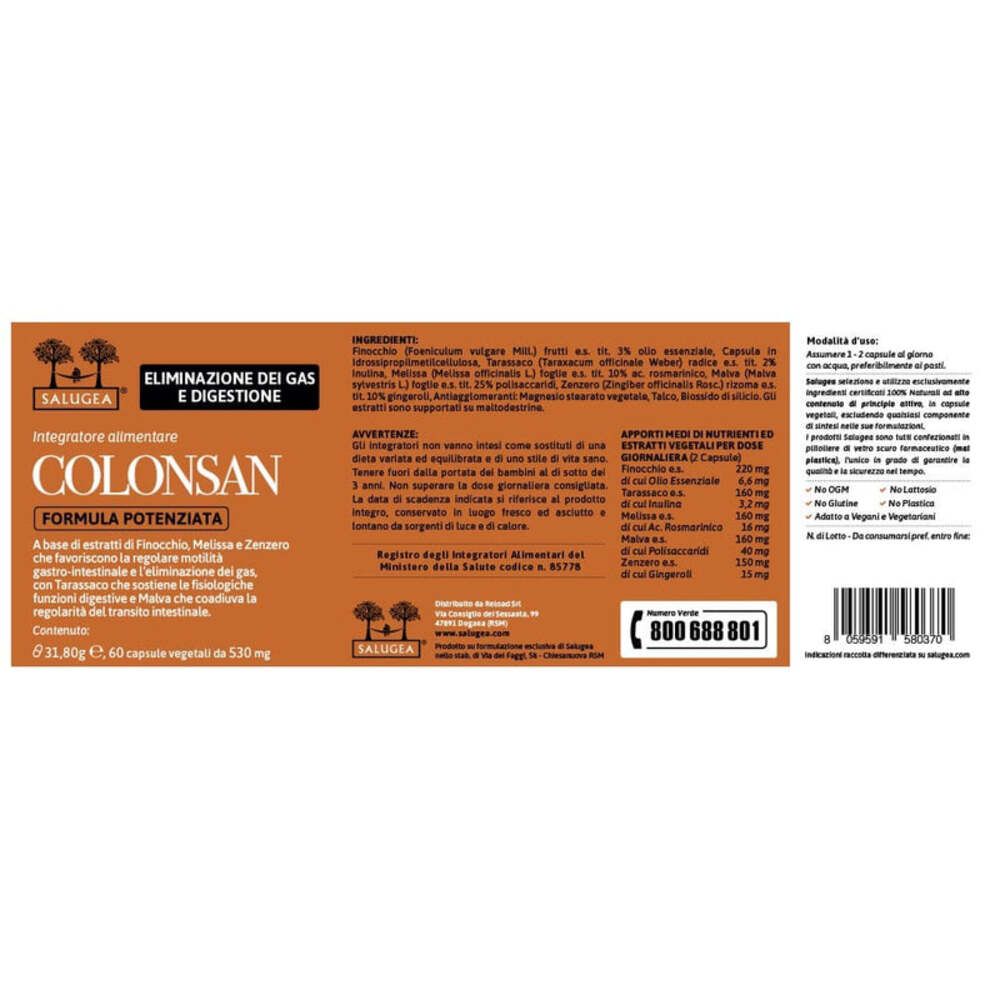 Etichetta con informazioni sul prodotto. Testo: Colonsan Formula Potenziata. Ingredienti, istruzioni per l'uso, avvertenze.
