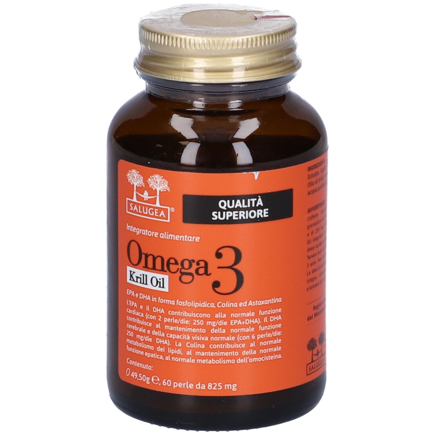 Flacone di vetro marrone con tappo dorato. Etichetta con 'Omega 3 Krill Oil' e 'Salugea'.
