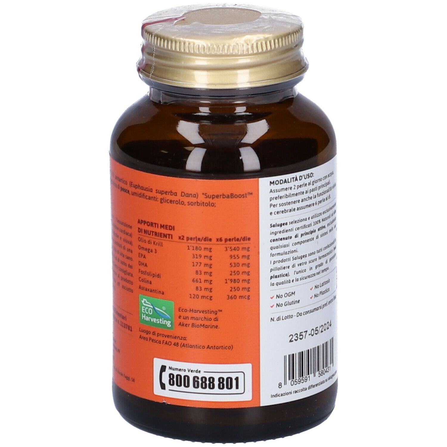 Retro del flacone del prodotto con informazioni nutrizionali e ingredienti.
