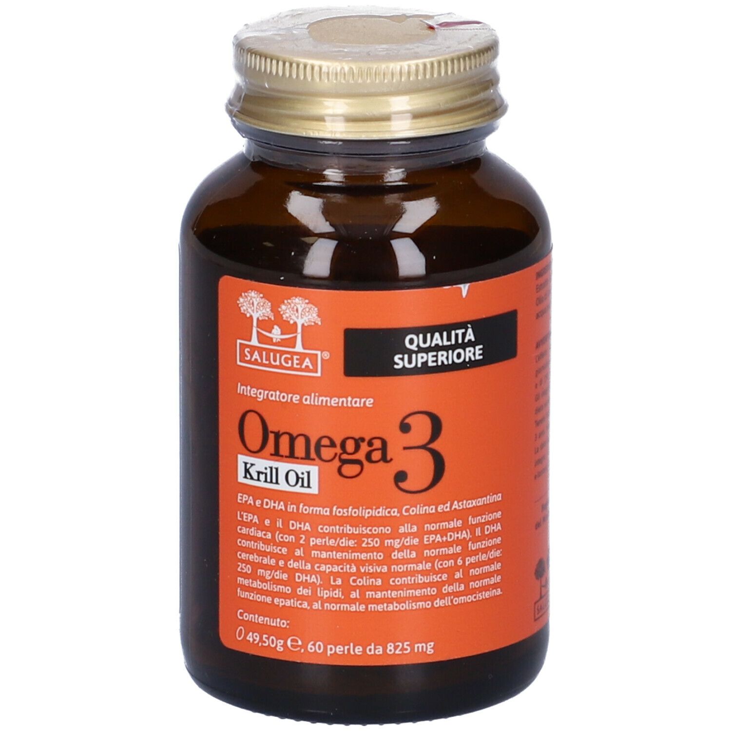 Flacone di vetro marrone con tappo dorato. Etichetta con 'Omega 3 Krill Oil' e 'Salugea'.