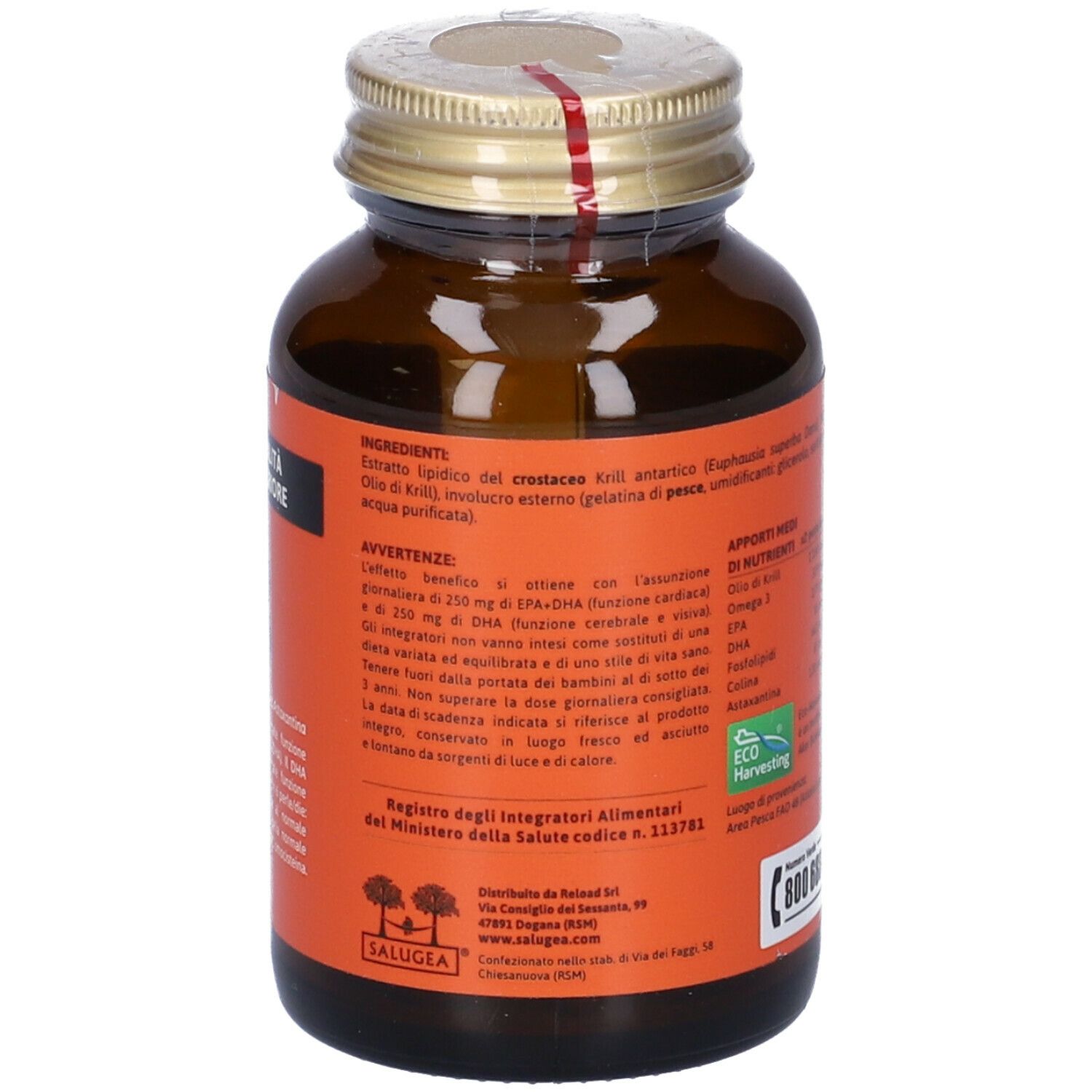 Retro del flacone del prodotto con ingredienti e informazioni nutrizionali.