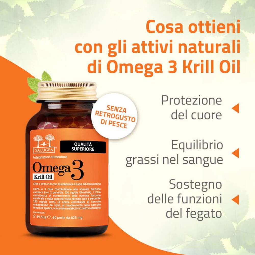 Flacone del prodotto con testo: 'Omega 3 Krill Oil'. Vantaggi: protezione cardiaca, equilibrio, funzione epatica.