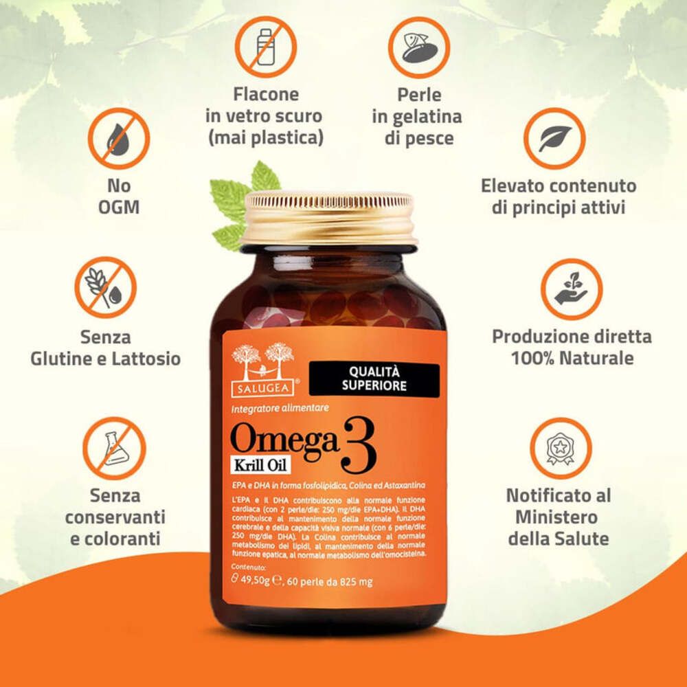 Flacone del prodotto con testo: 'Omega 3 Krill Oil'. Caratteristiche: no OGM, senza glutine, senza conservanti, ecc.