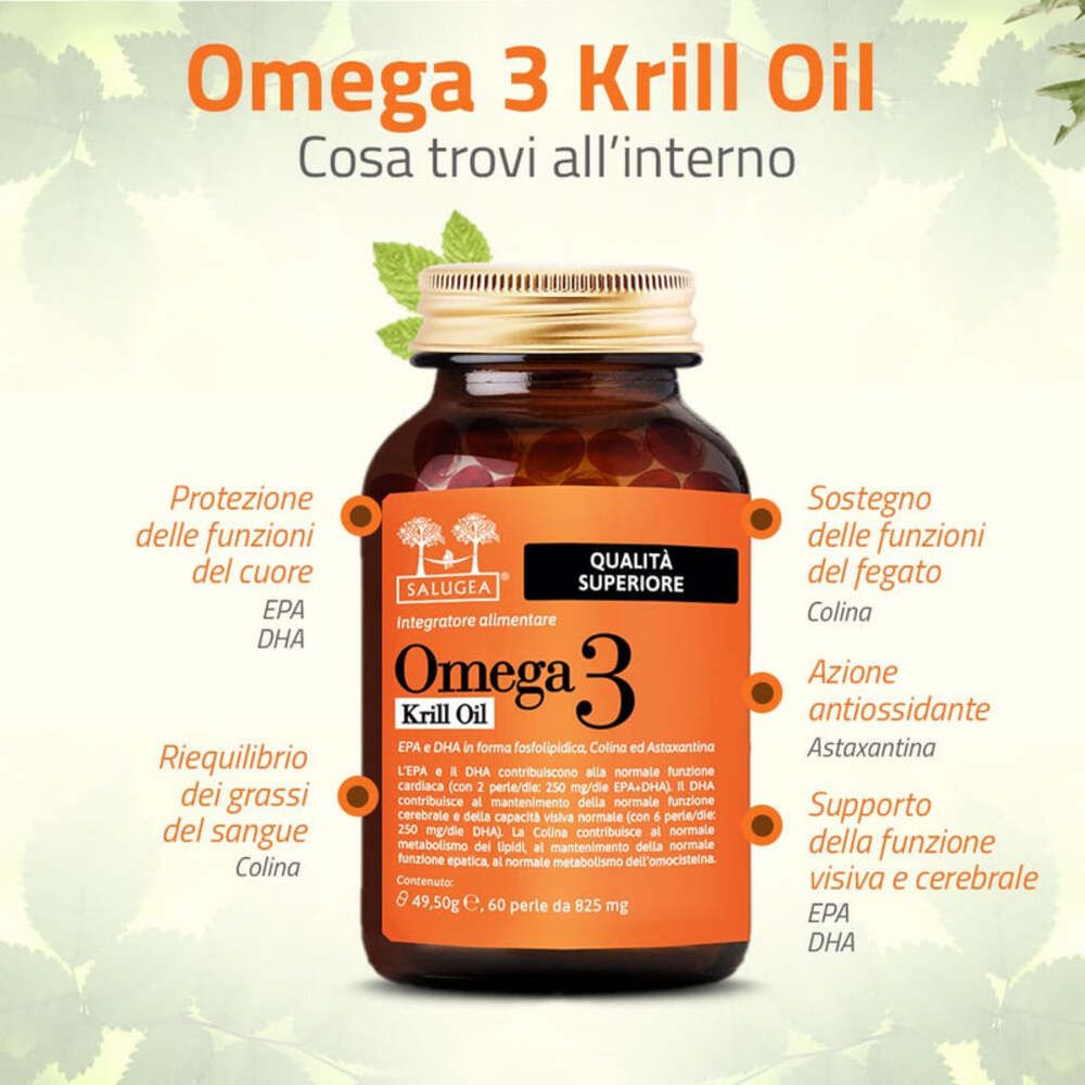 Flacone del prodotto con testo: 'Omega 3 Krill Oil'. Vantaggi: protezione cardiaca, equilibrio dei grassi, funzione visiva.