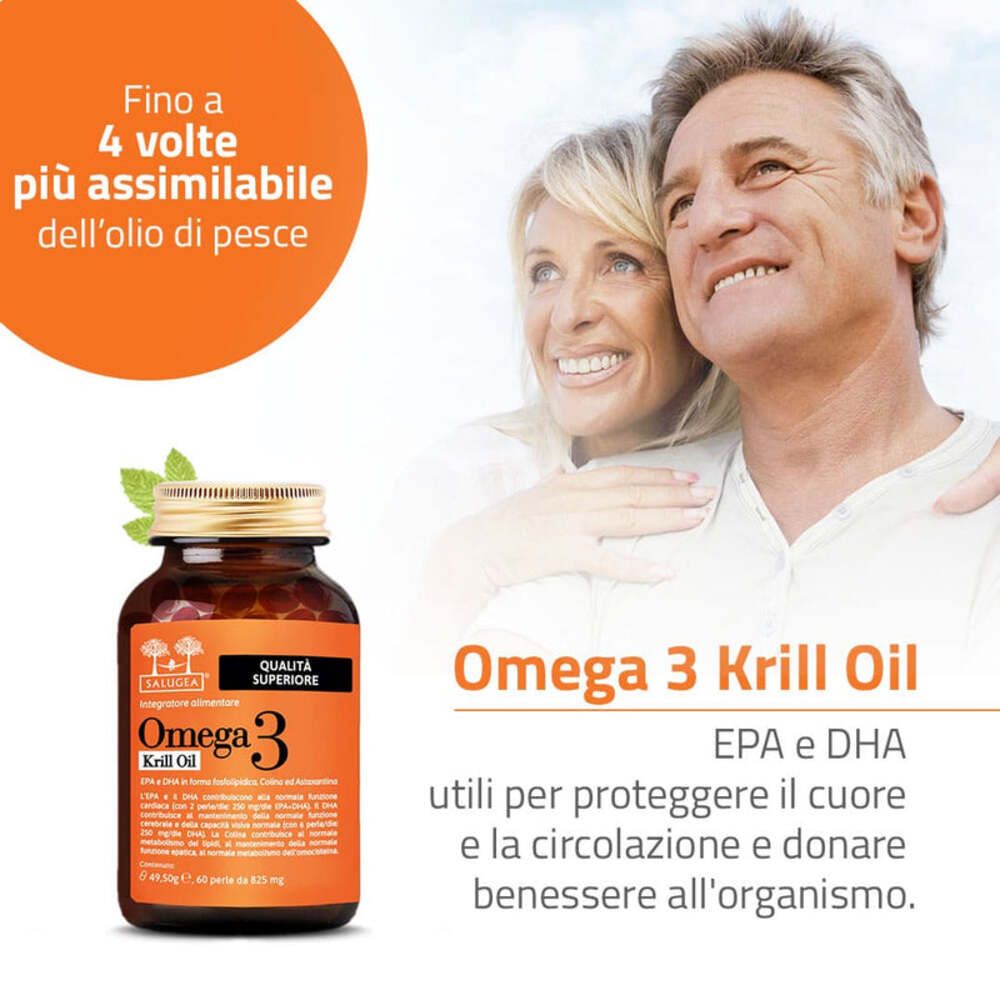Flacone del prodotto con testo: 'Omega 3 Krill Oil'. Sono raffigurati un uomo e una donna.