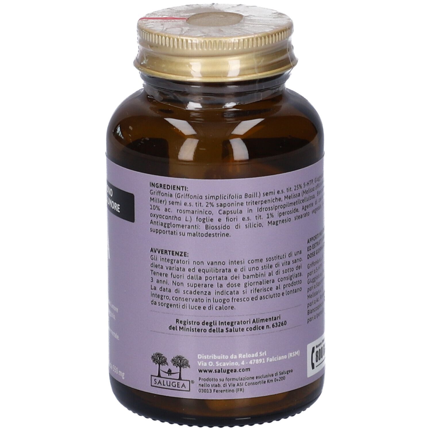 Braune Glasflasche mit goldenem Schraubverschluss, Etikett mit italienischen Texten und Produktinformationen.
