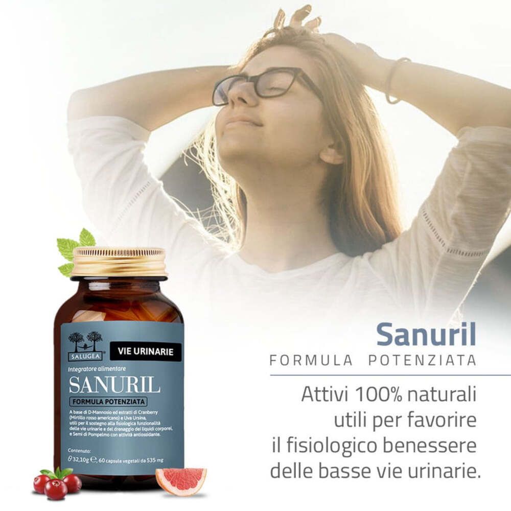 Frau mit Brille und geschlossenen Augen neben Produktflasche. Text: 100% natürliche Wirkstoffe.