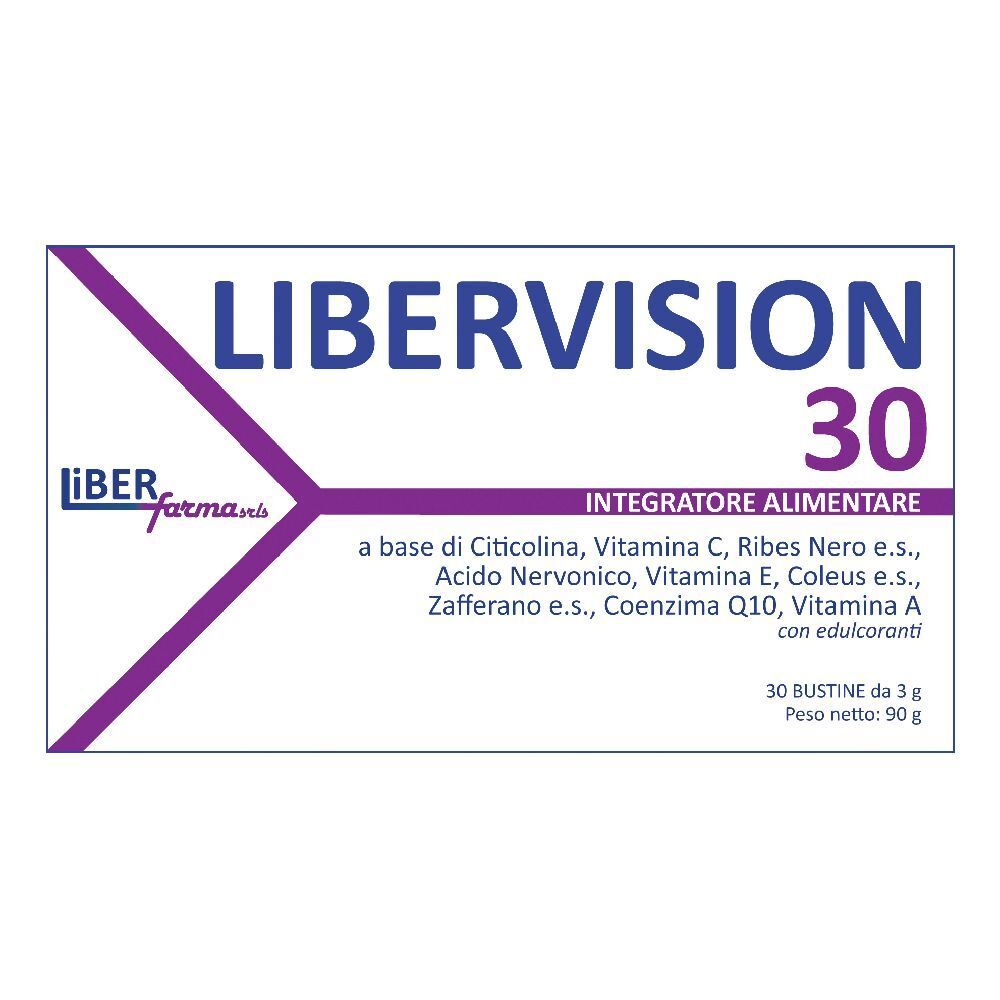 Confezione di Libervision 30 Bustine. Contiene 30 bustine. Testo: Integratore Alimentare.