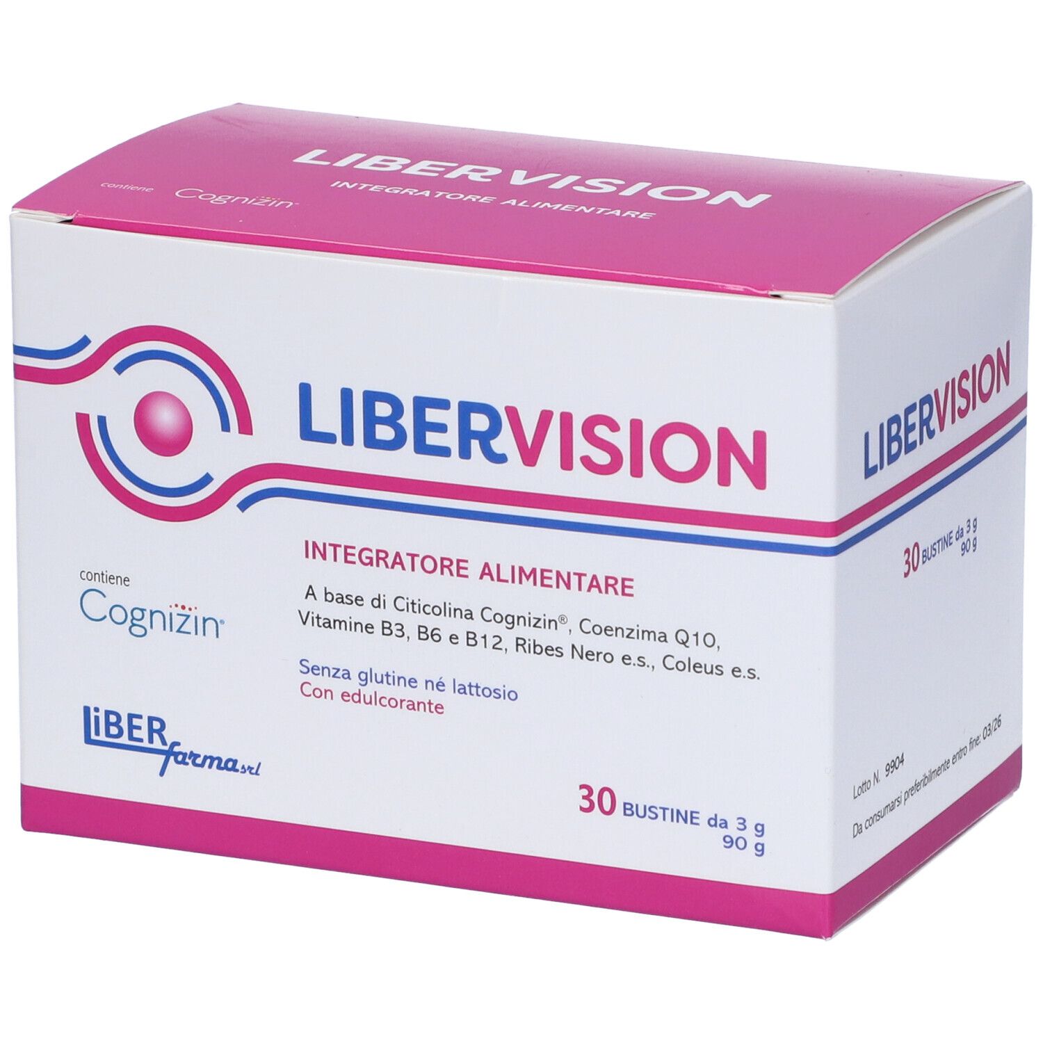 Scatola Libervision 30 Bustine, rosa e bianca. Contiene 30 bustine. Testo: Integratore Alimentare.