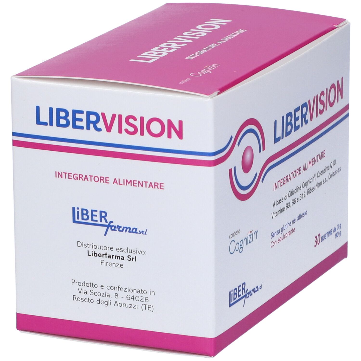 Scatola Libervision 30 Bustine, rosa e bianca. Contiene 30 bustine. Testo: Integratore Alimentare.