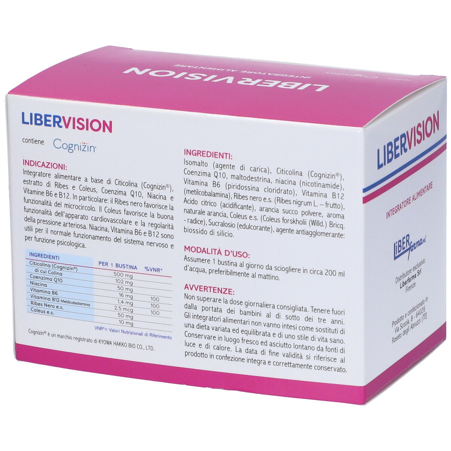 Scatola Libervision 30 Bustine, rosa e bianca. Contiene 30 bustine. Testo: Integratore Alimentare.