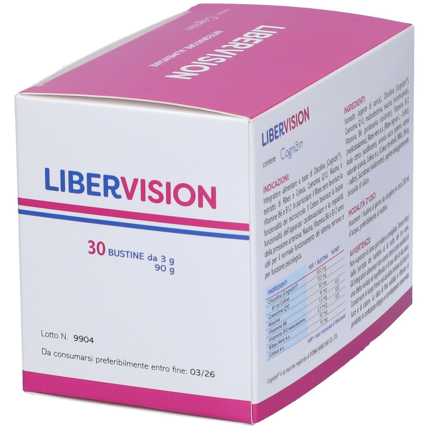 Scatola Libervision 30 Bustine, rosa e bianca. Contiene 30 bustine. Testo: Integratore Alimentare.