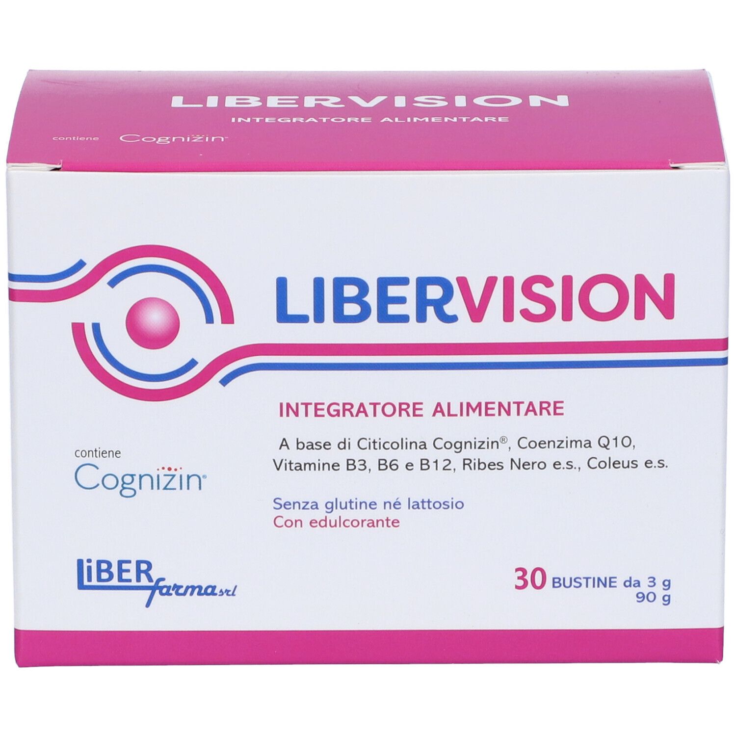 Scatola Libervision 30 Bustine, rosa e bianca. Contiene 30 bustine. Testo: Integratore Alimentare.