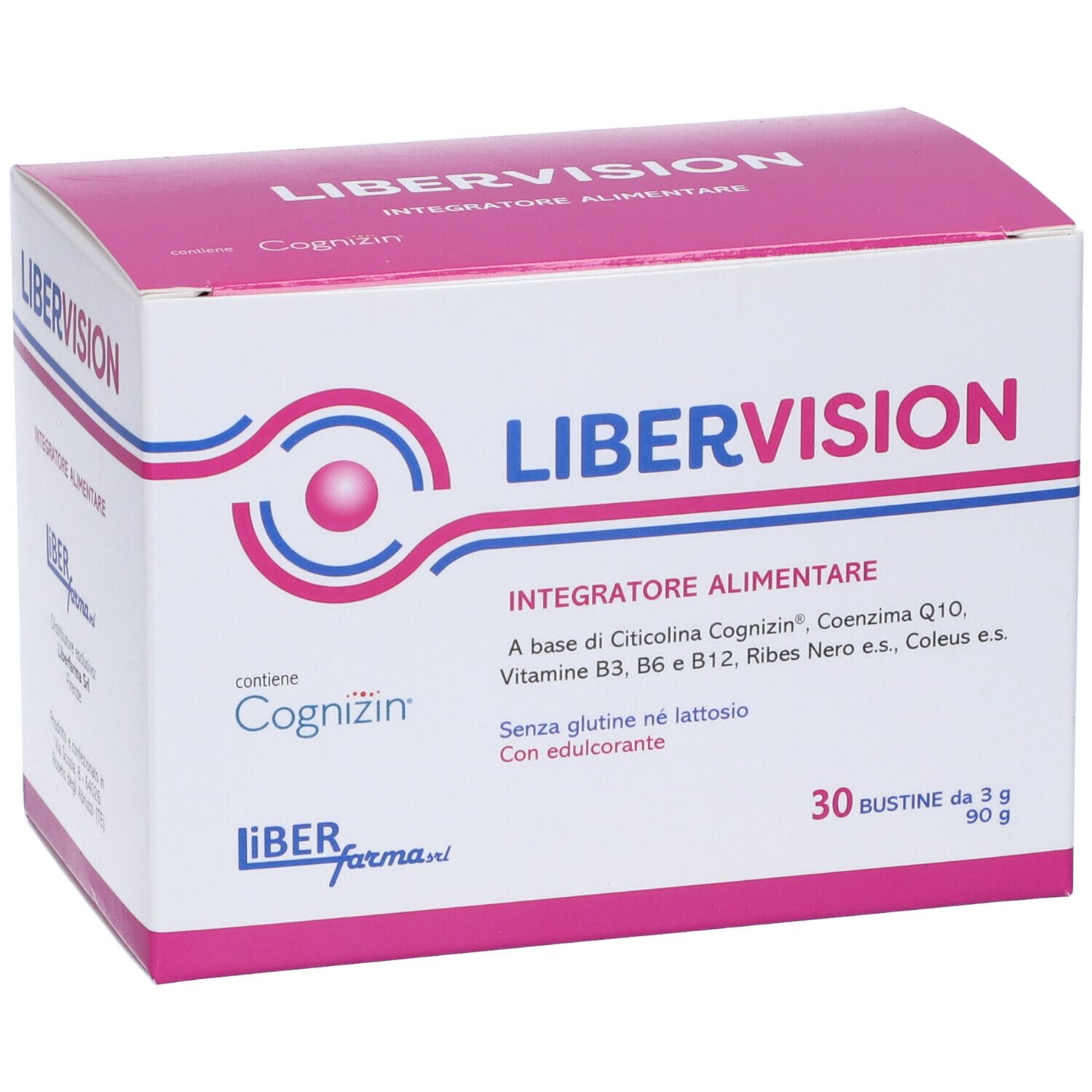 Scatola Libervision 30 Bustine, rosa e bianca. Contiene 30 bustine. Testo: Integratore Alimentare.