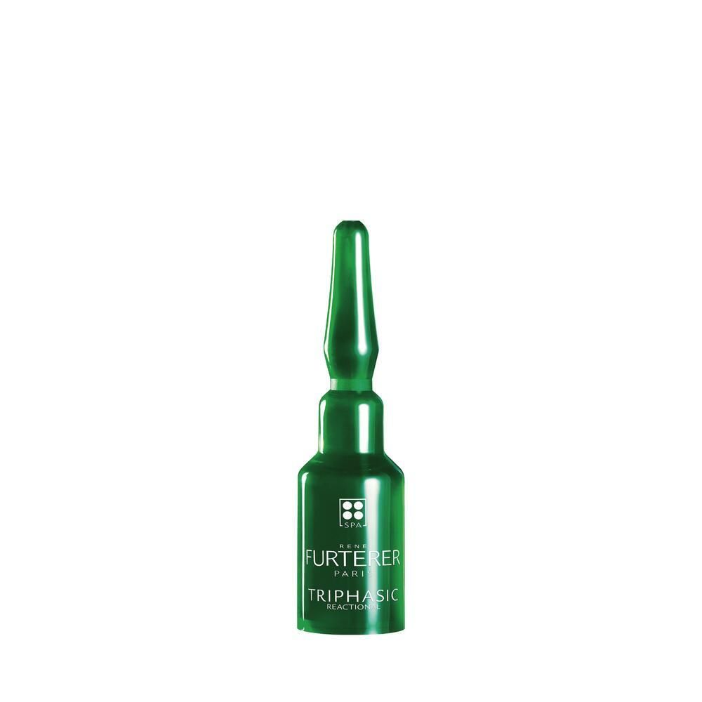 Grüne Ampulle mit Text: FURTERER PARIS TRIPHASIC REACTIONAL. Spitze und Körper der Ampulle sind grün.