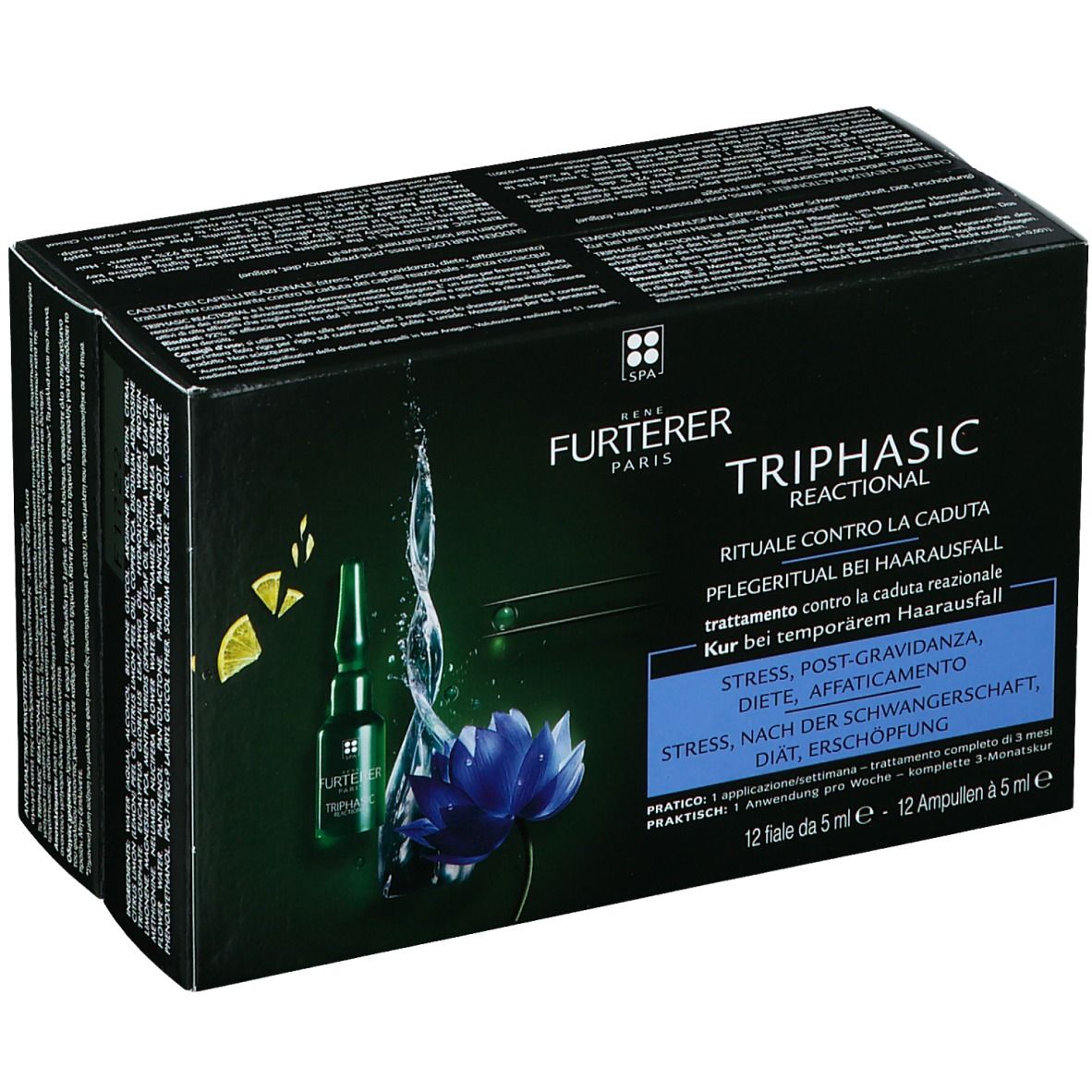 Verpackung mit Text: FURTERER PARIS TRIPHASIC REACTIONAL. Anti-Haarausfall Ritual. 12 Ampullen.