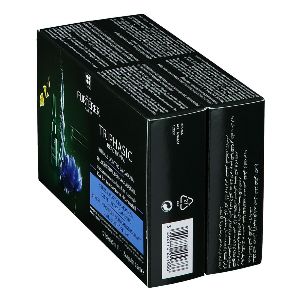 Verpackung mit Text: FURTERER PARIS TRIPHASIC REACTIONAL. Anti-Haarausfall Ritual. 12 Ampullen.
