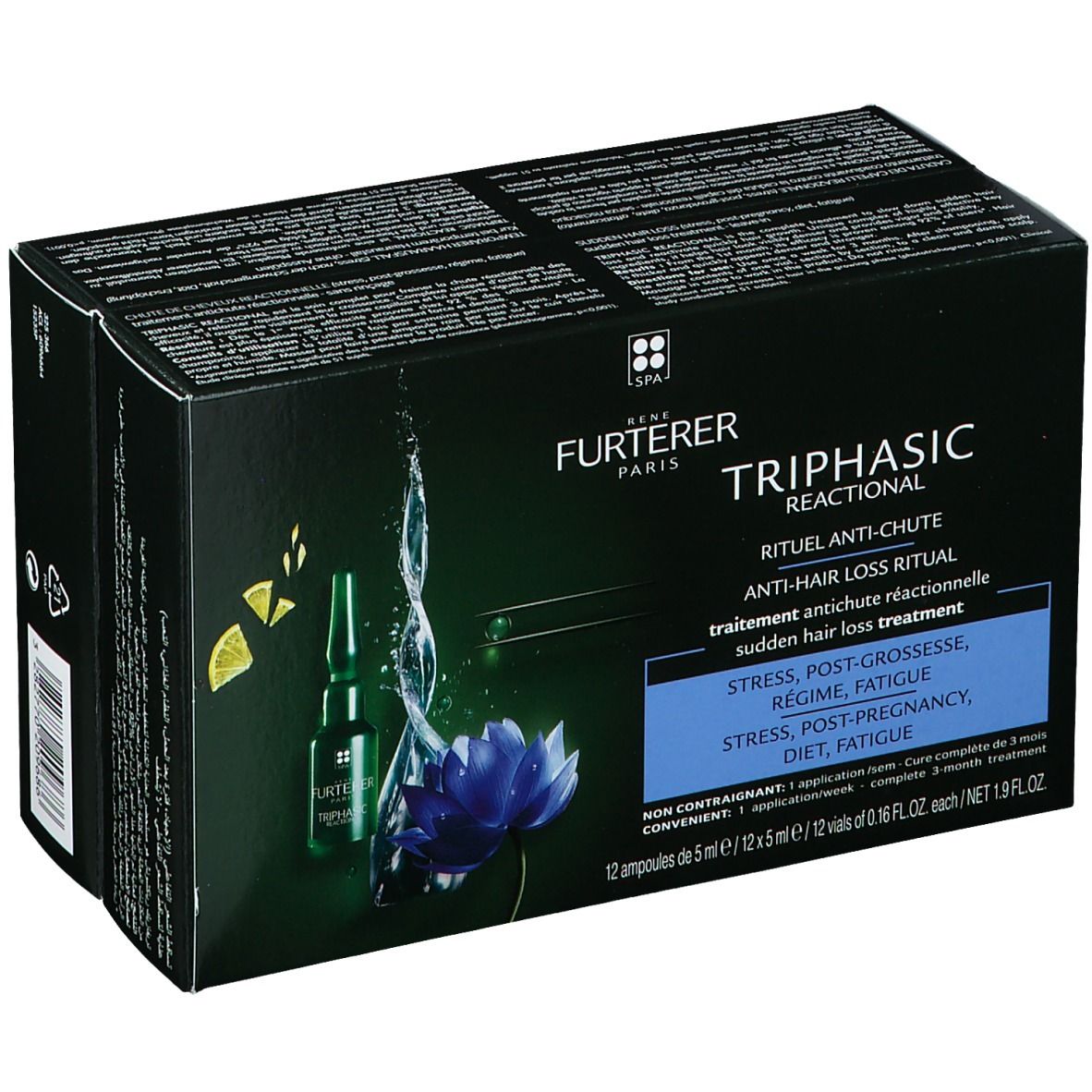 Verpackung mit Text: FURTERER PARIS TRIPHASIC REACTIONAL. Anti-Haarausfall Ritual. 12 Ampullen.