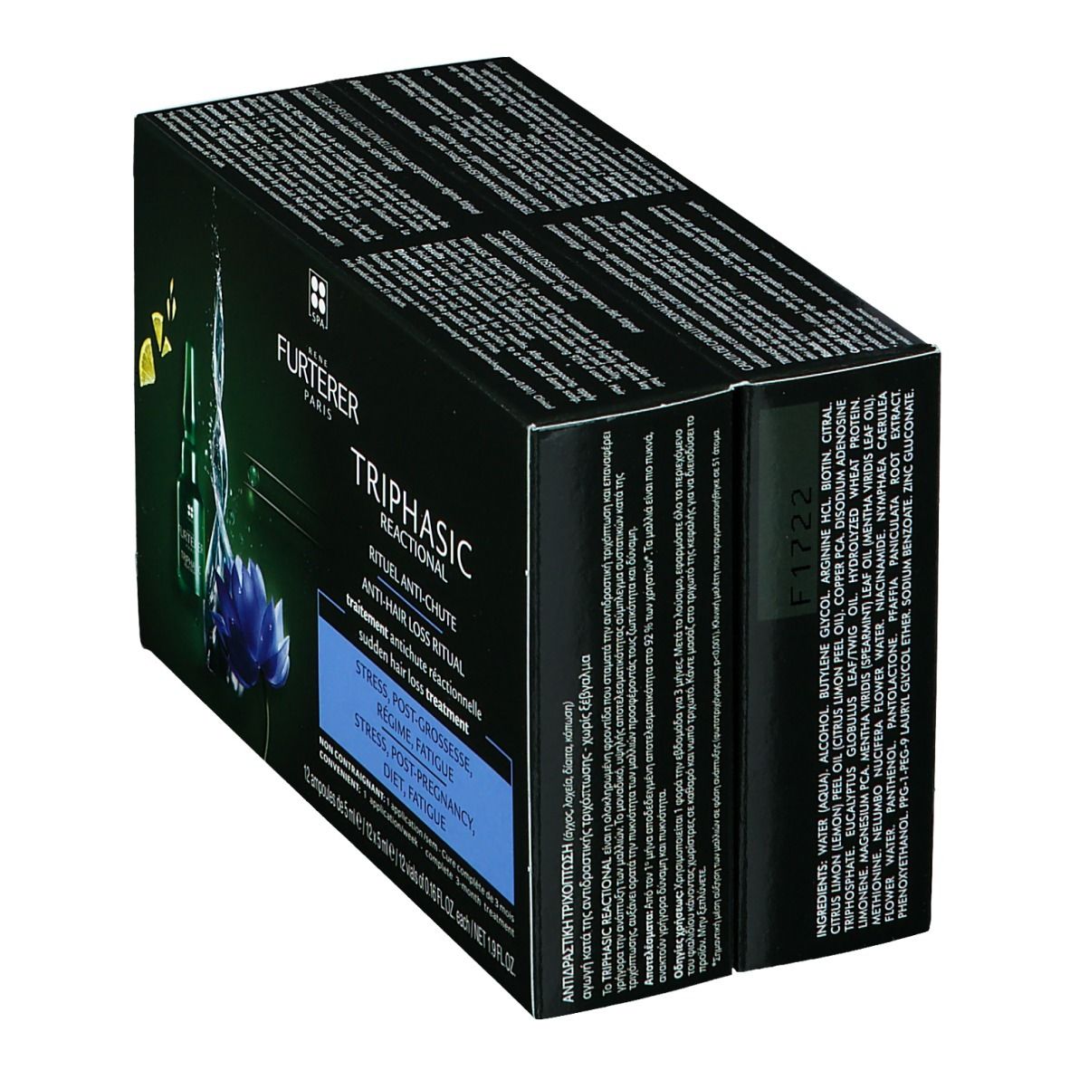Verpackung mit Text: FURTERER PARIS TRIPHASIC REACTIONAL. Anti-Haarausfall Ritual. 12 Ampullen.
