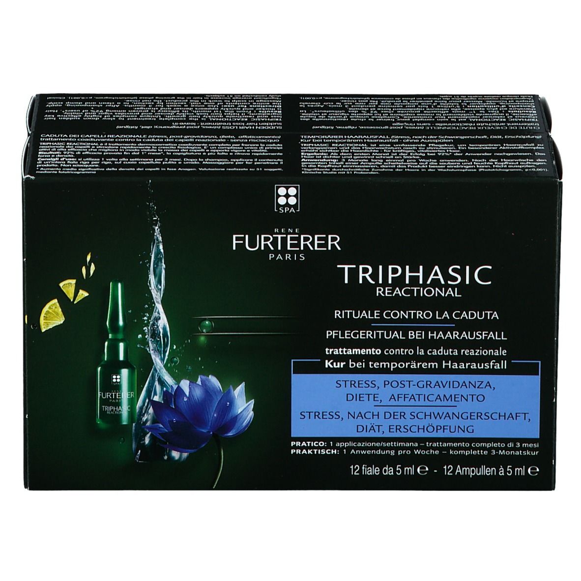 Verpackung mit Text: FURTERER PARIS TRIPHASIC REACTIONAL. Anti-Haarausfall Ritual. 12 Ampullen.